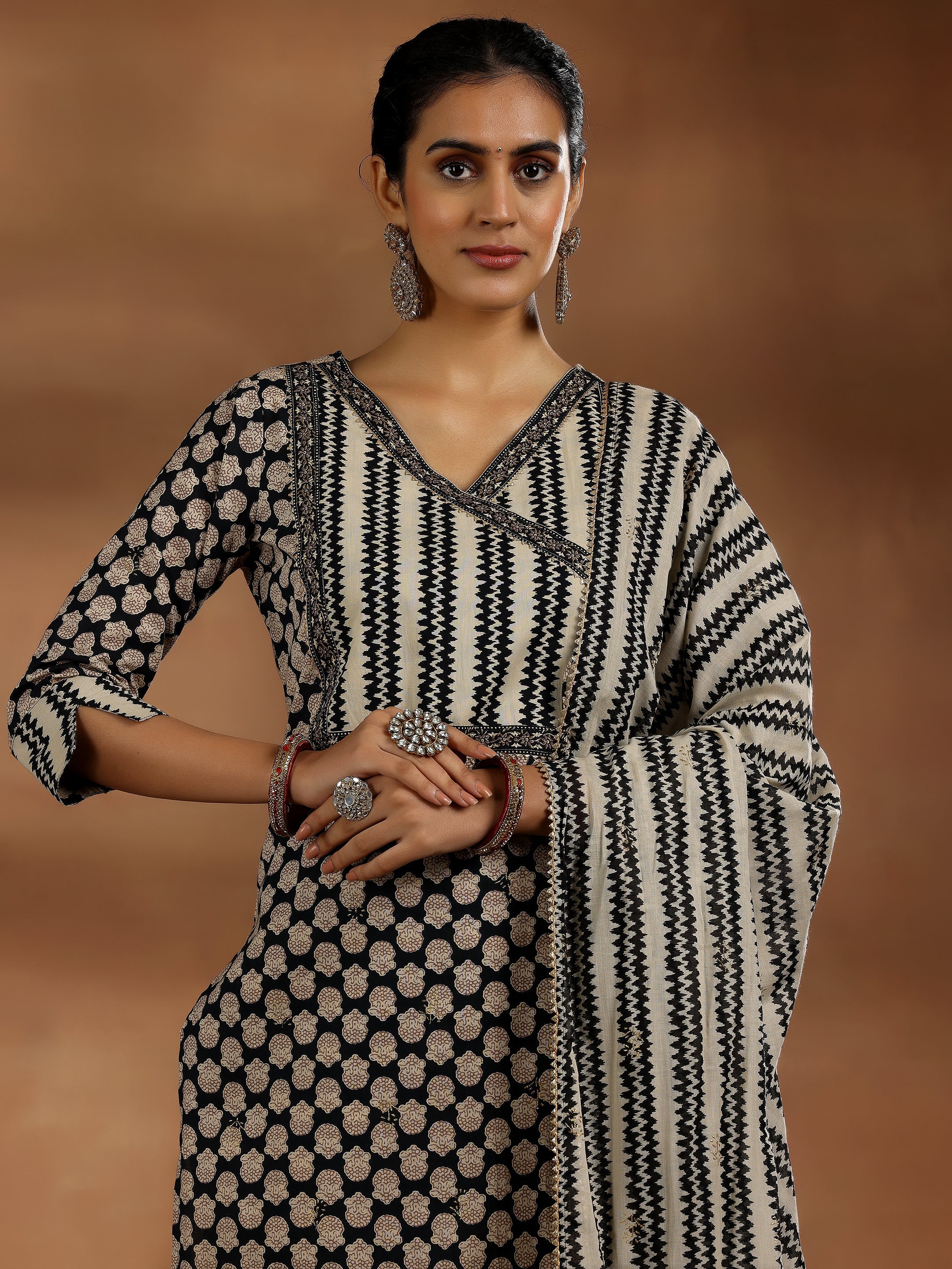 Black Printed Cotton Straight Suit With Dupatta