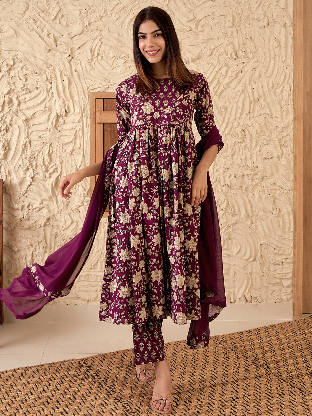 Wine Printed Pure Cotton Anarkali Suit With Dupatta