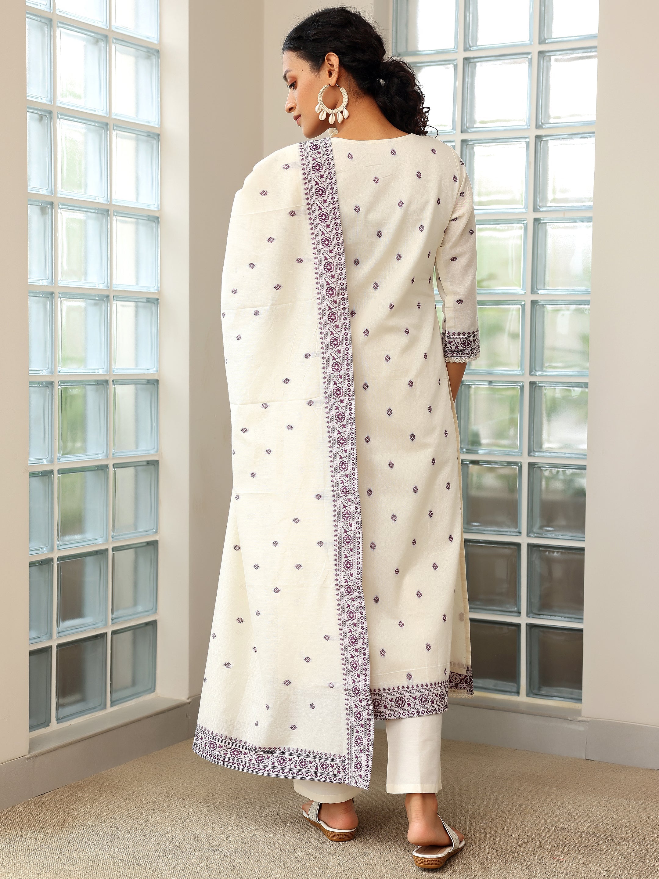 Off White Woven Design Chanderi Silk Straight Suit With Dupatta