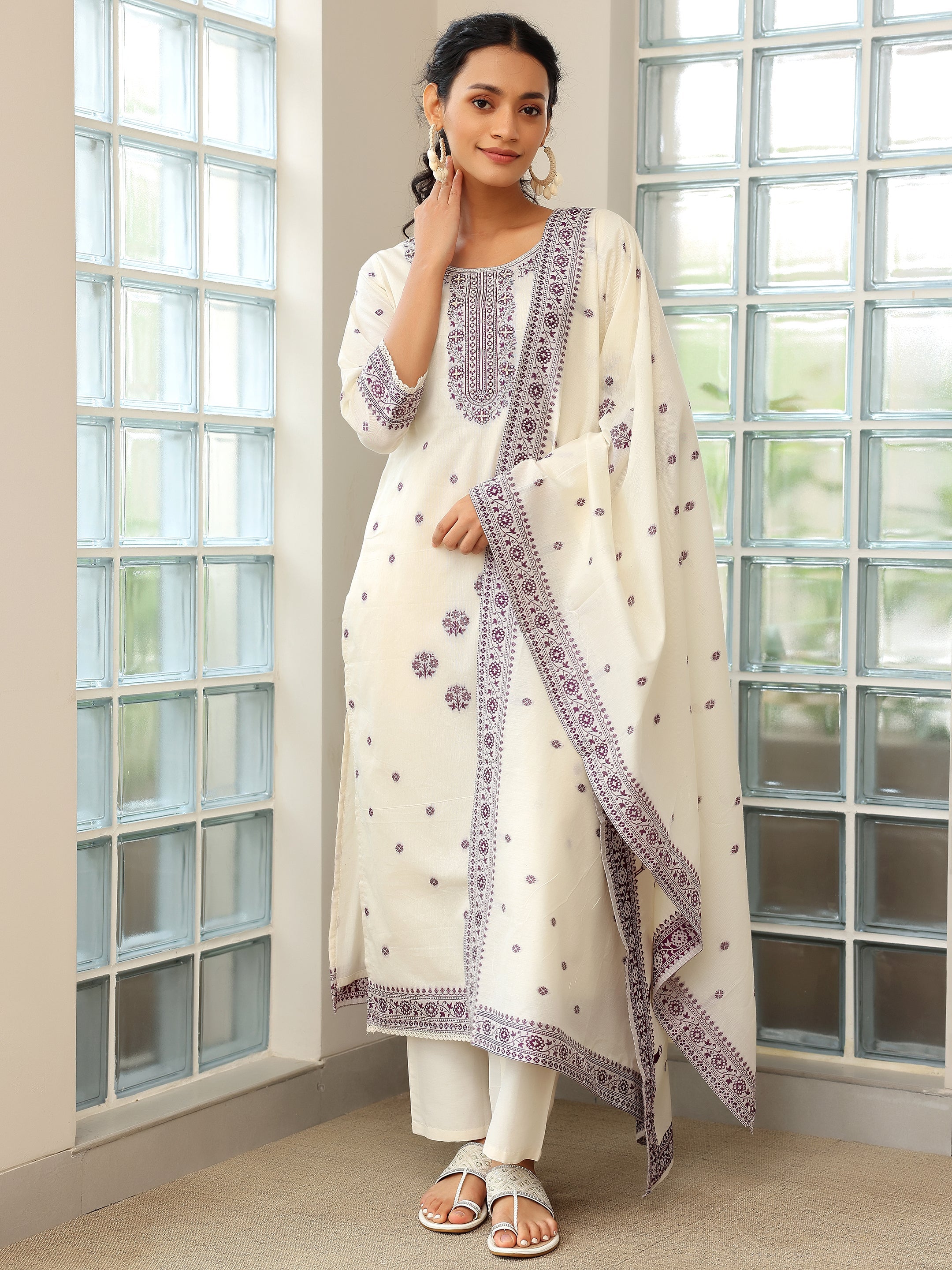 Off White Woven Design Chanderi Silk Straight Suit With Dupatta