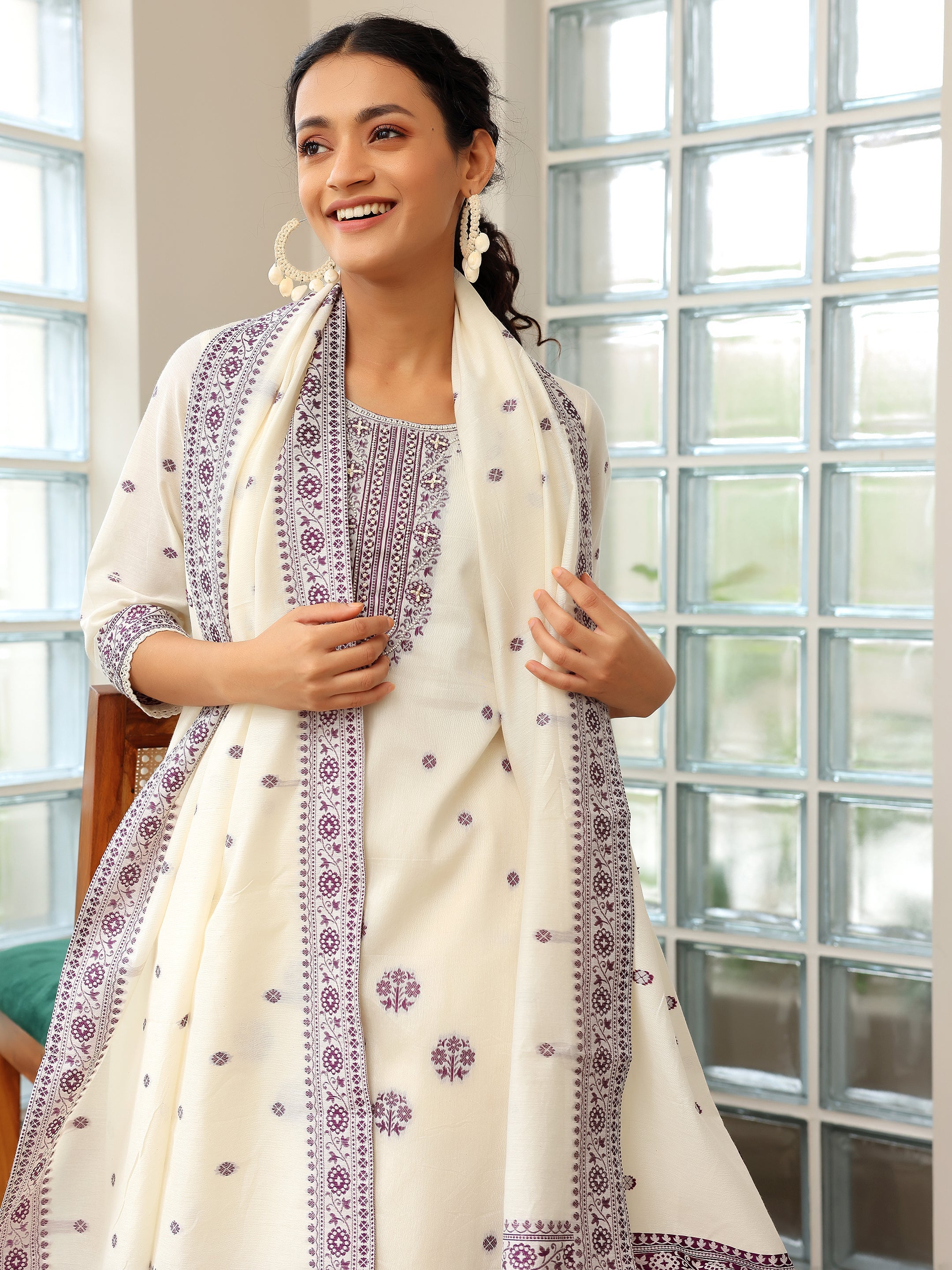 Off White Woven Design Chanderi Silk Straight Suit With Dupatta