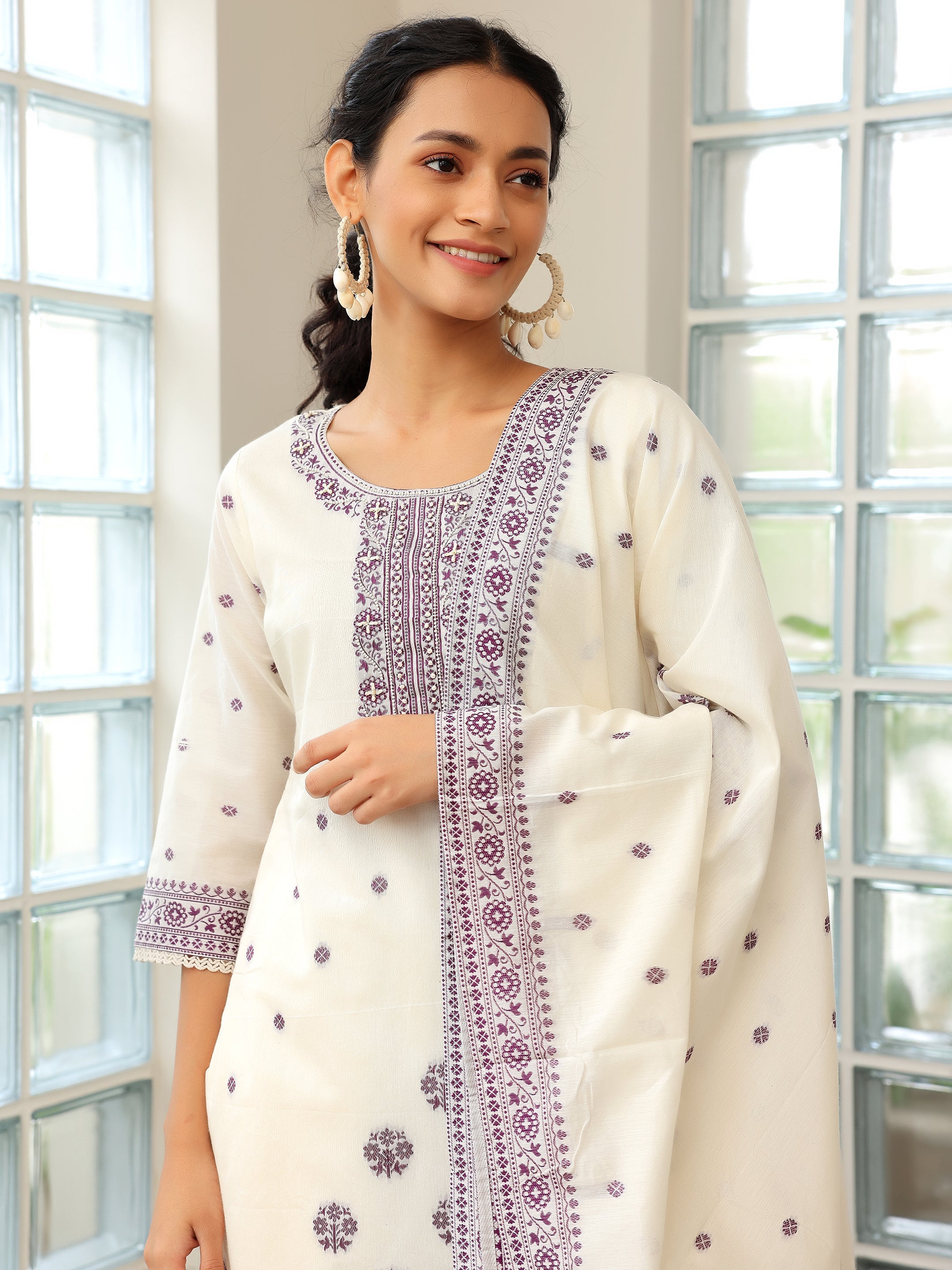 Off White Woven Design Chanderi Silk Straight Suit With Dupatta