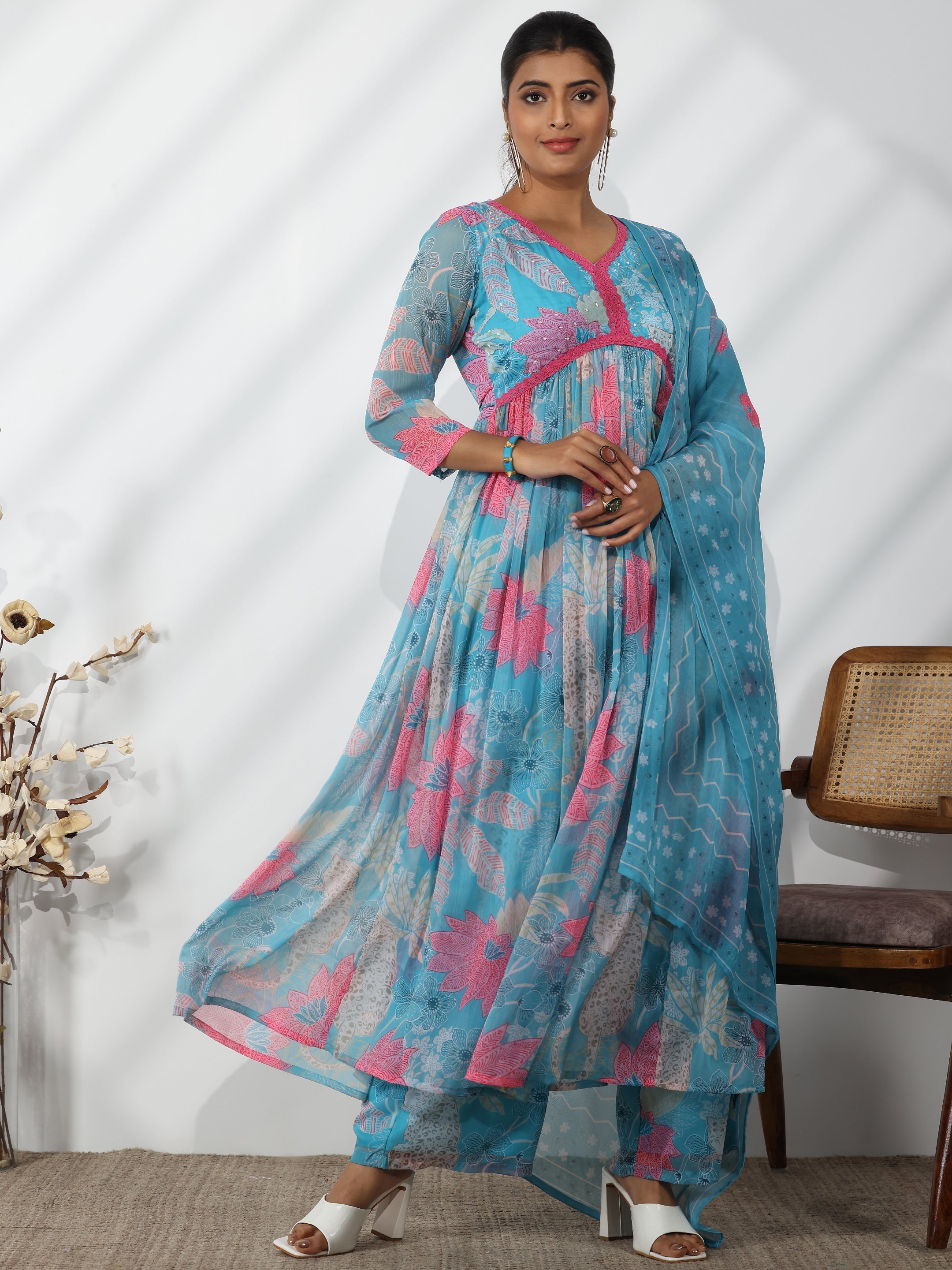 Blue Printed Poly Chiffon A-Line Kurta With Palazzos & Dupatta