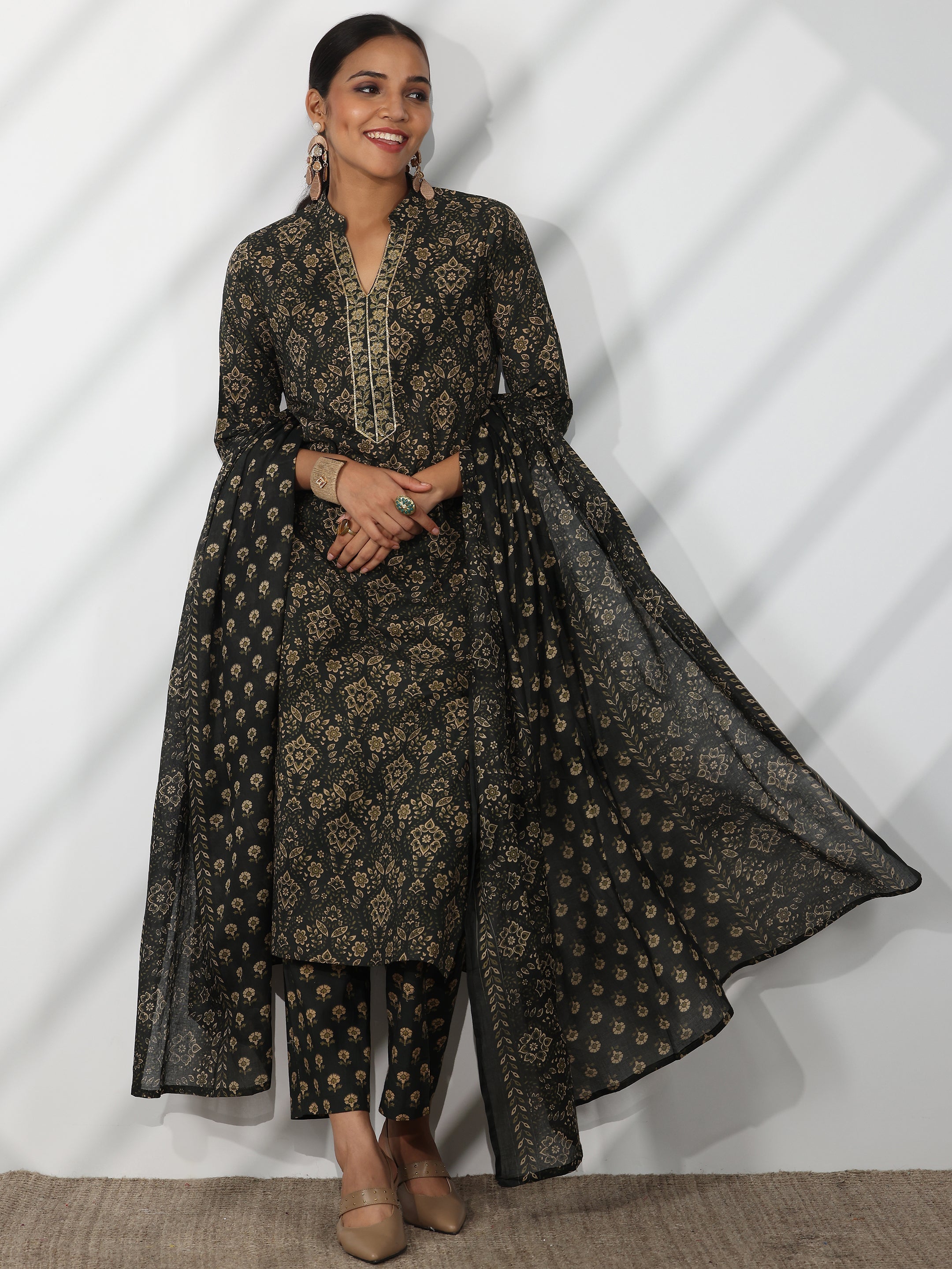 Green Printed Cotton Straight Suit With Dupatta