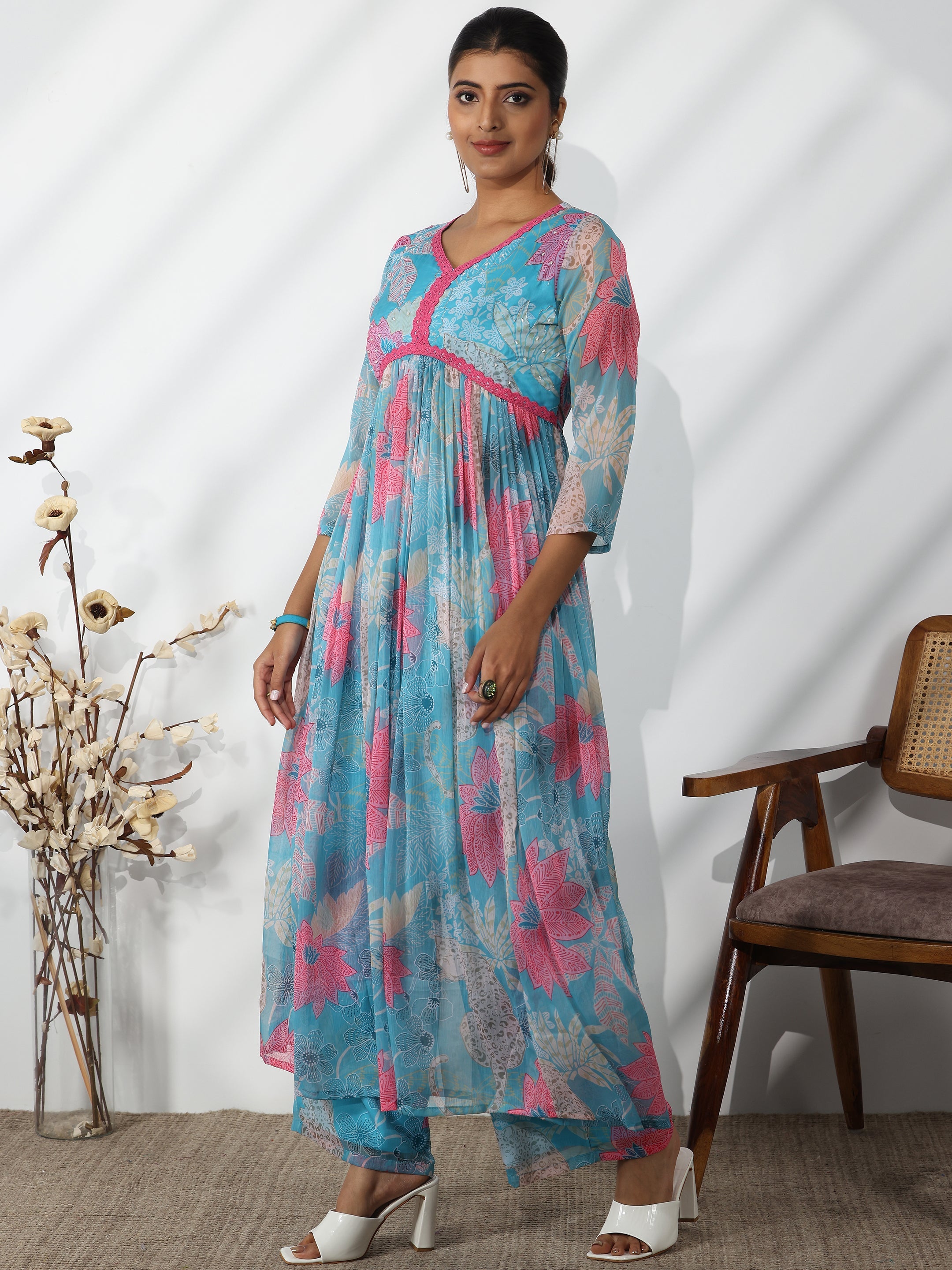 Blue Printed Poly Chiffon A-Line Kurta With Palazzos & Dupatta