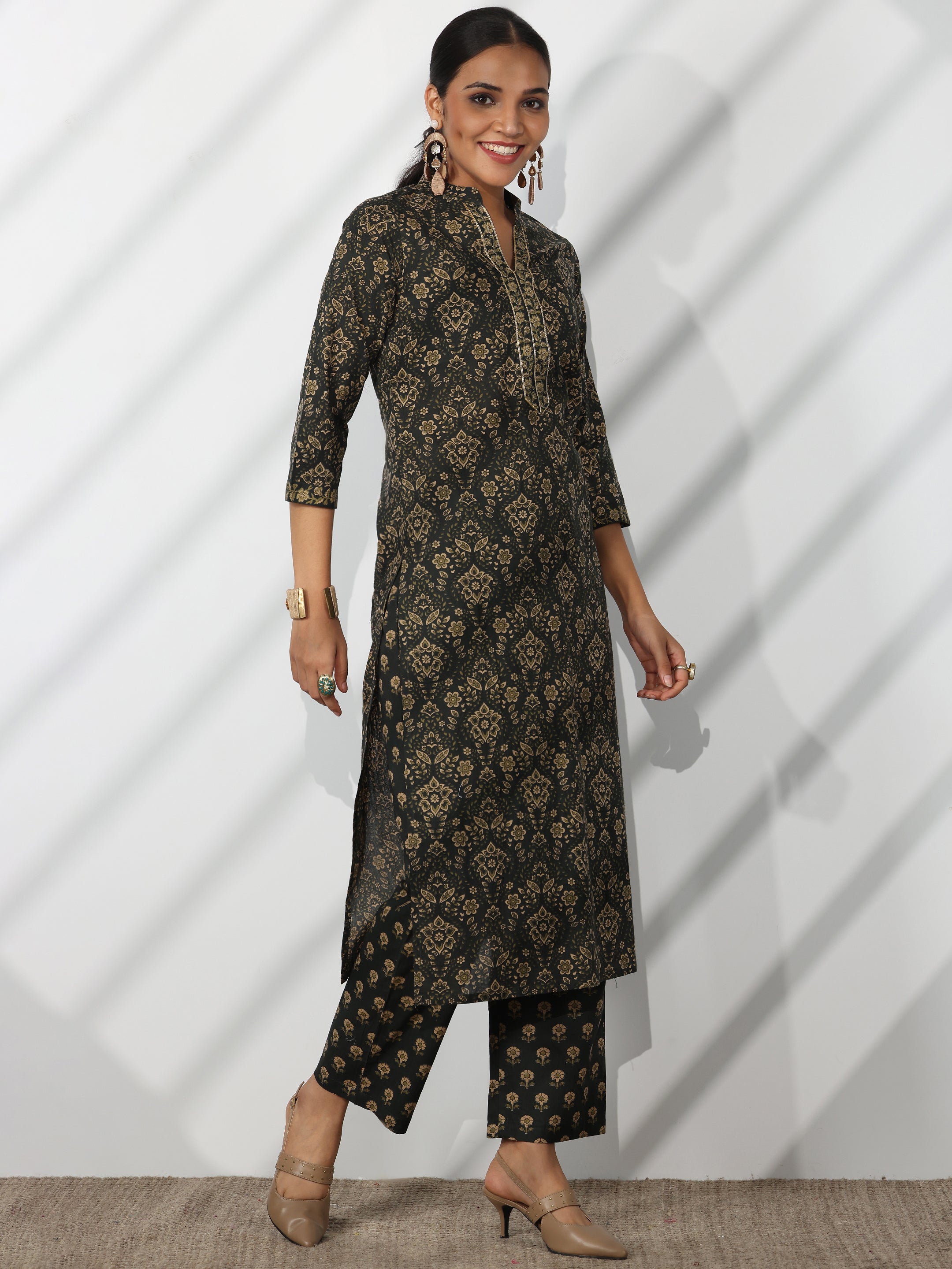 Green Printed Cotton Straight Suit With Dupatta