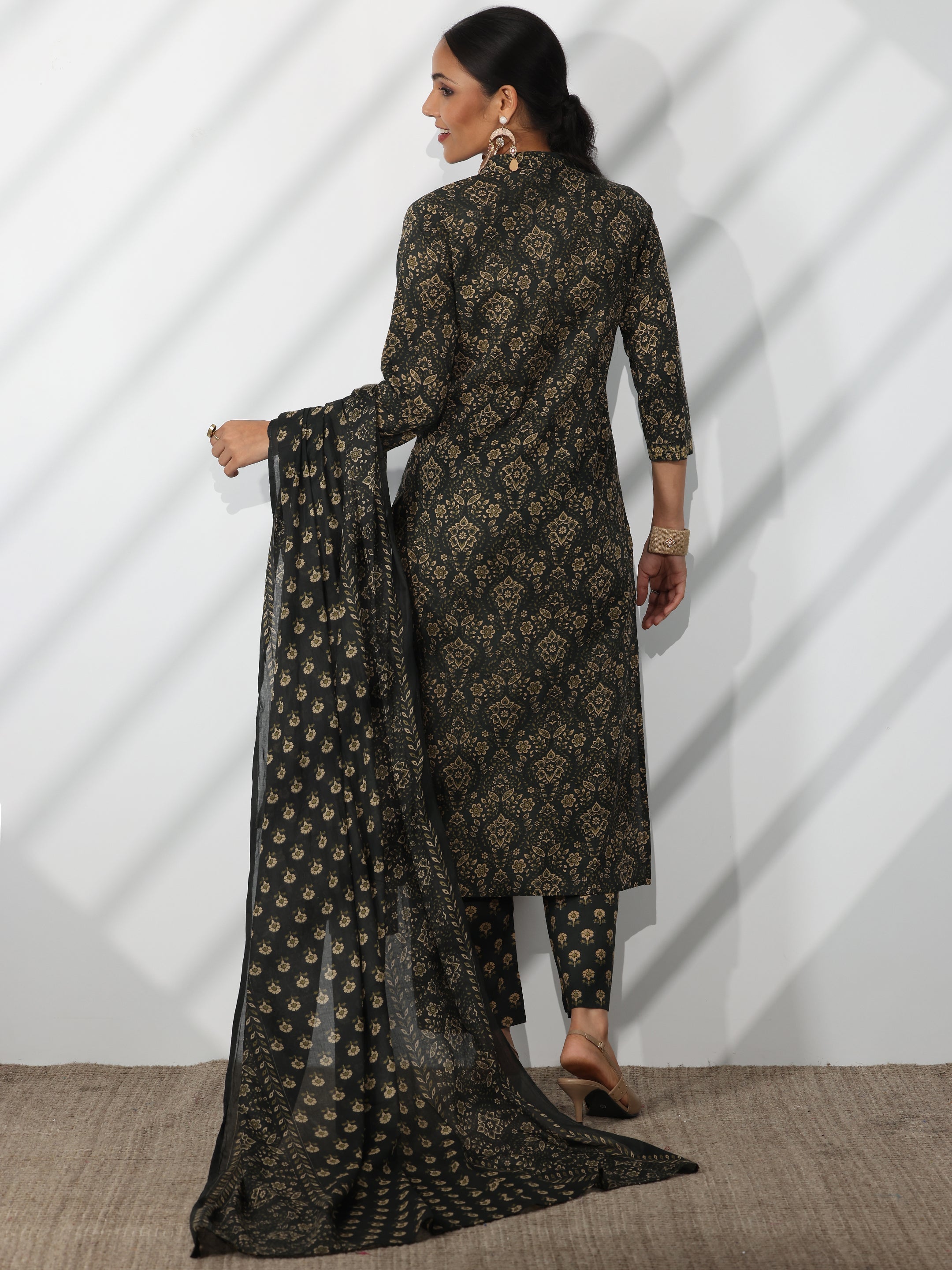 Green Printed Cotton Straight Suit With Dupatta