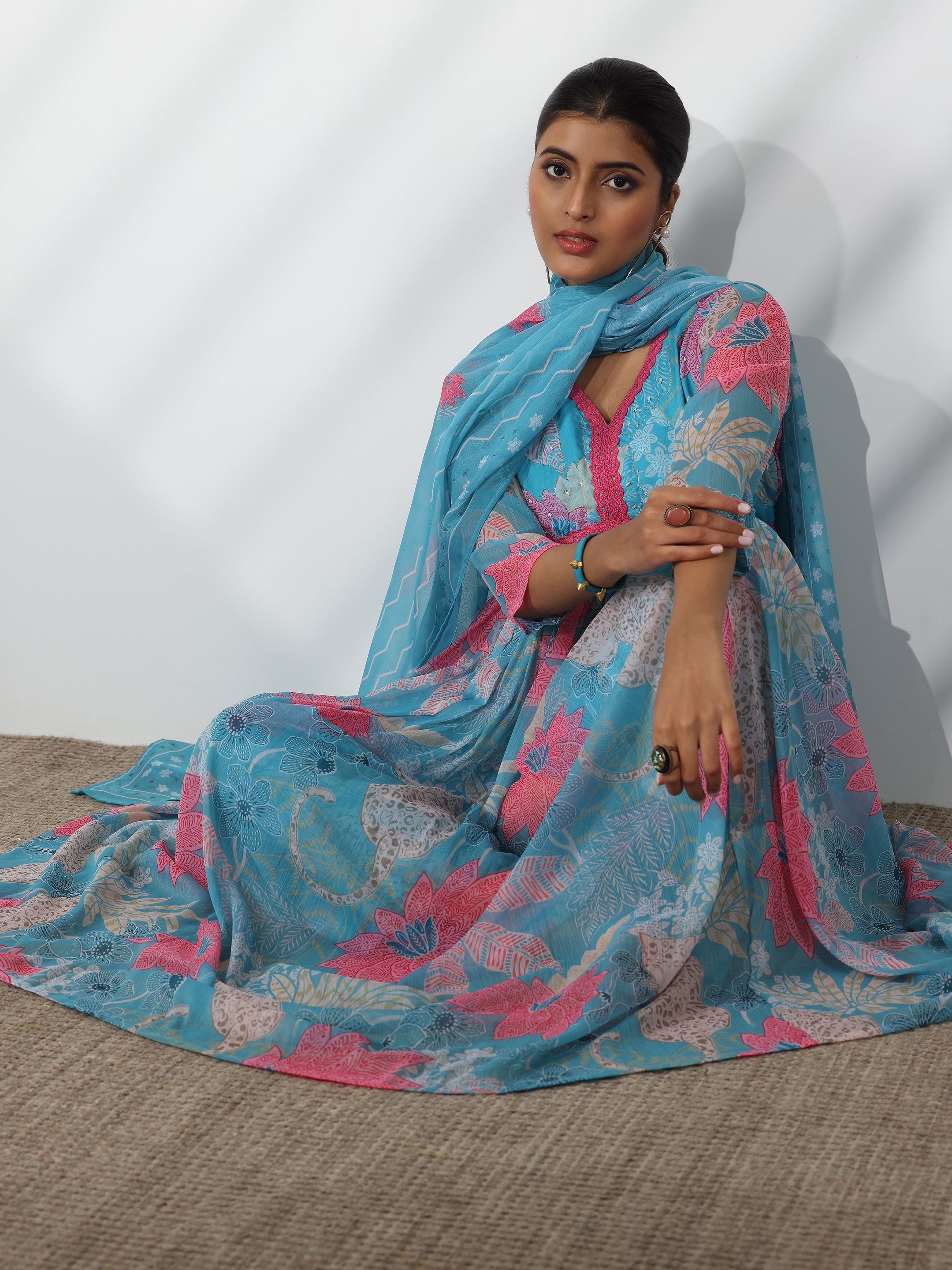 Blue Printed Poly Chiffon A-Line Kurta With Palazzos & Dupatta