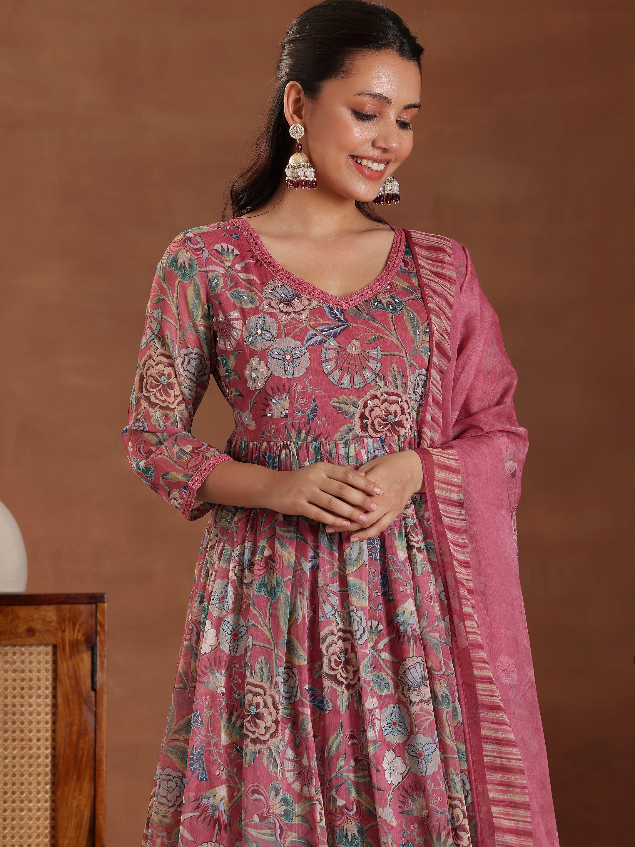 Mauve Printed Poly Chiffon A-Line Kurta With Palazzos & Dupatta