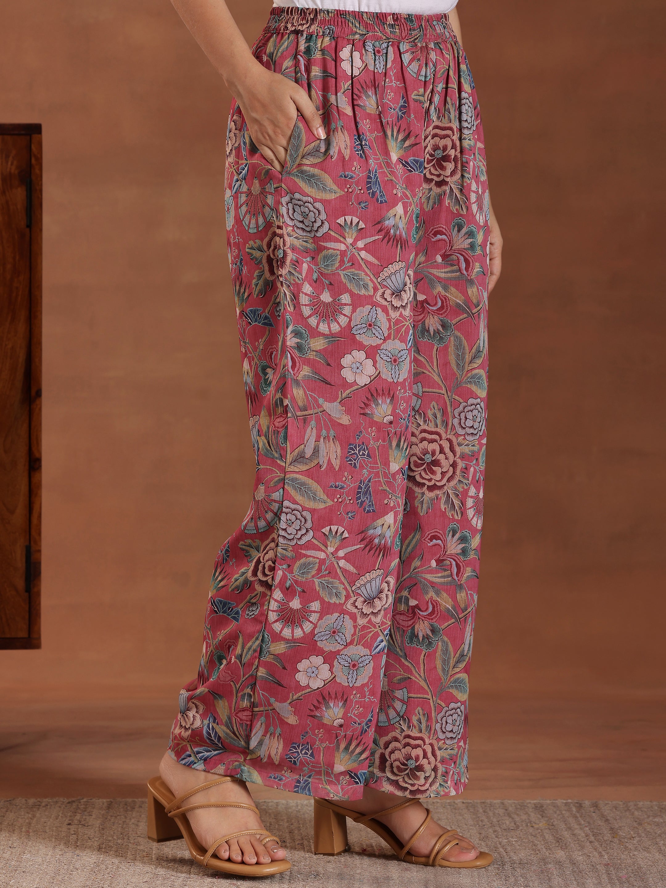 Mauve Printed Poly Chiffon A-Line Kurta With Palazzos & Dupatta