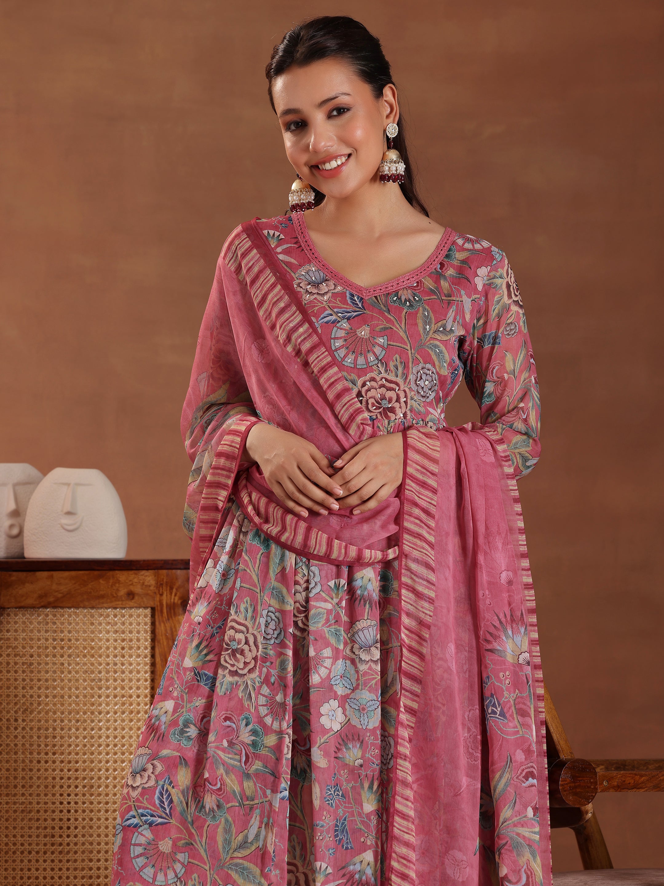 Mauve Printed Poly Chiffon A-Line Kurta With Palazzos & Dupatta