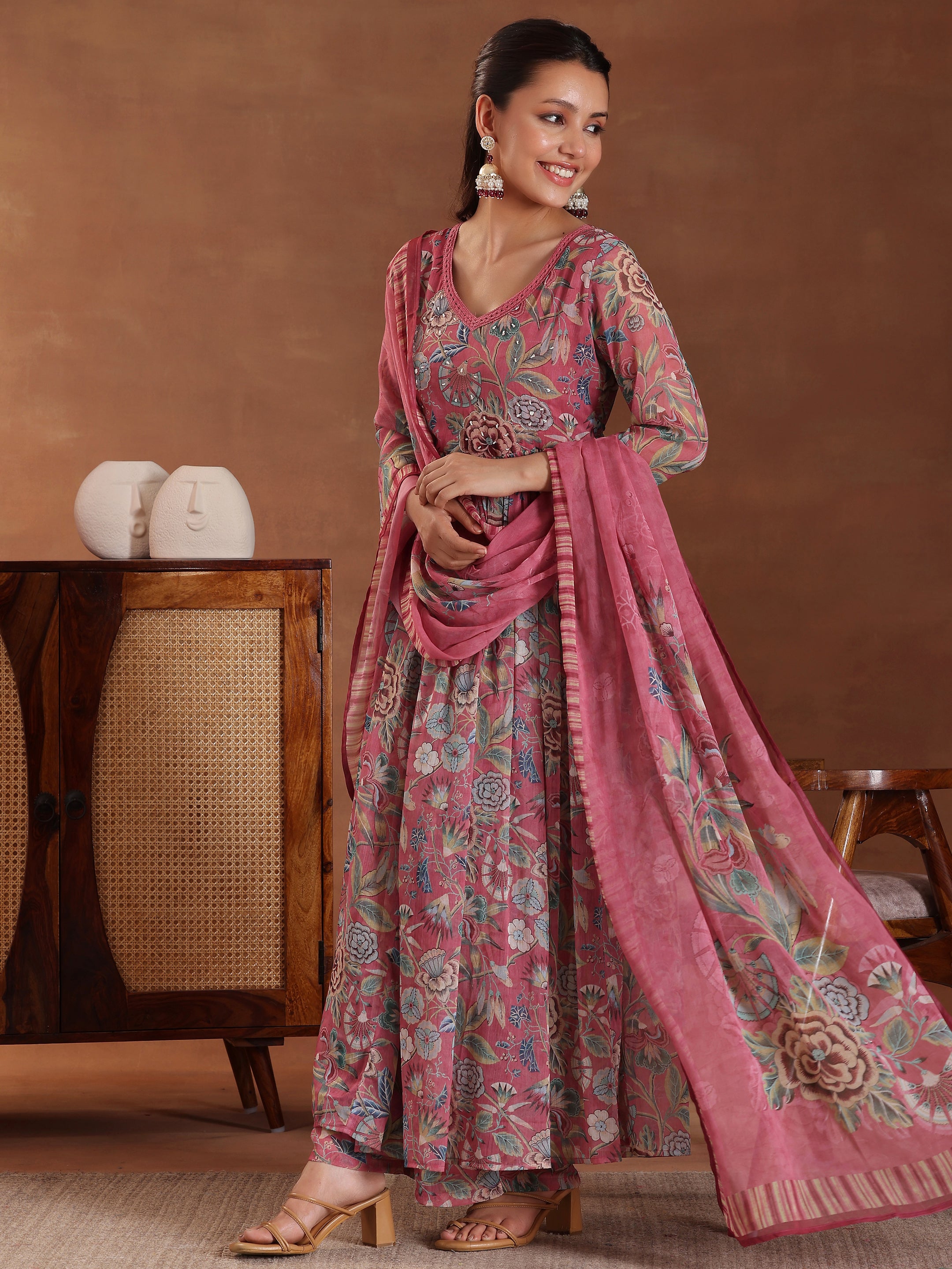 Mauve Printed Poly Chiffon A-Line Kurta With Palazzos & Dupatta