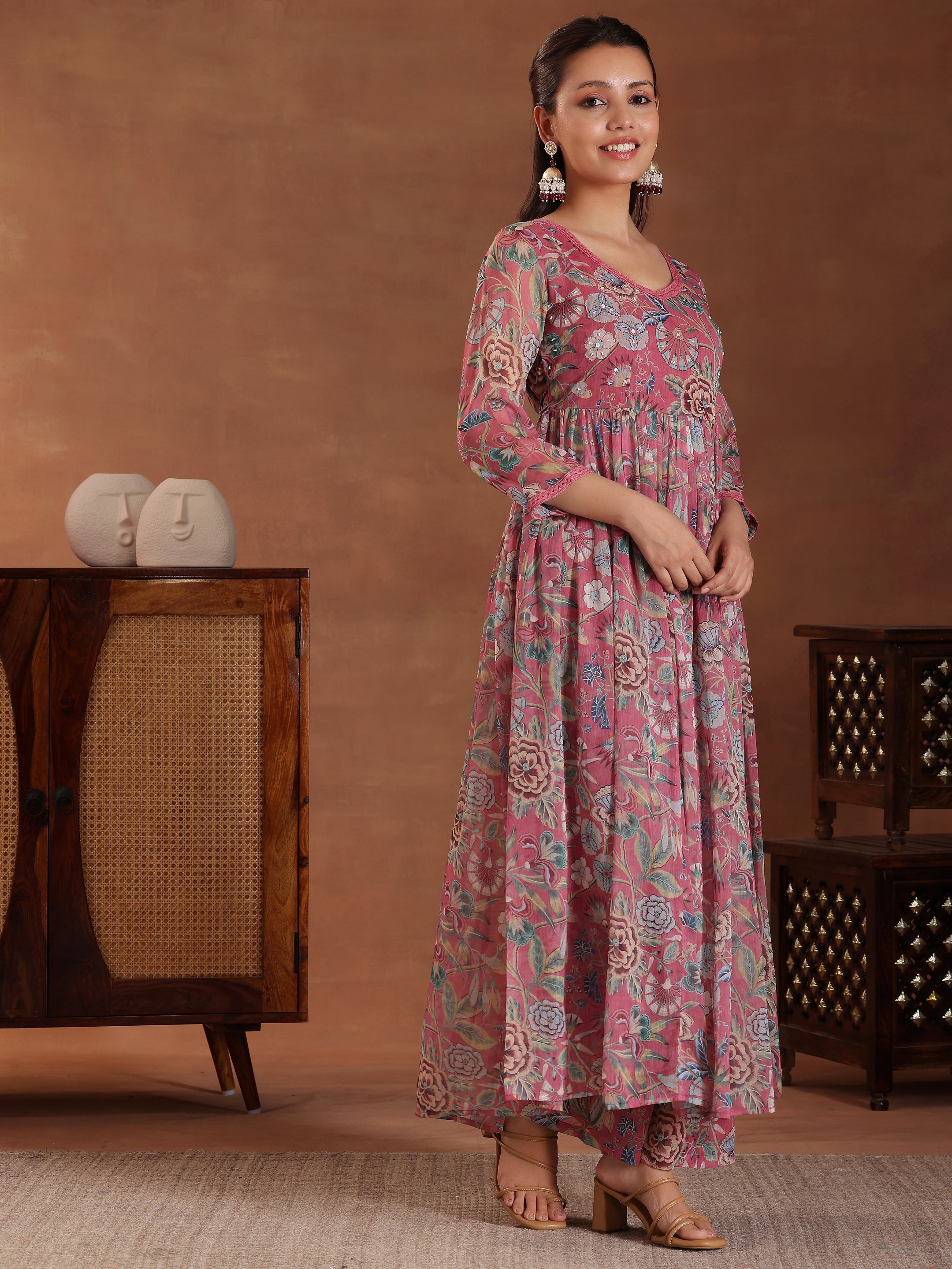 Mauve Printed Poly Chiffon A-Line Kurta With Palazzos & Dupatta