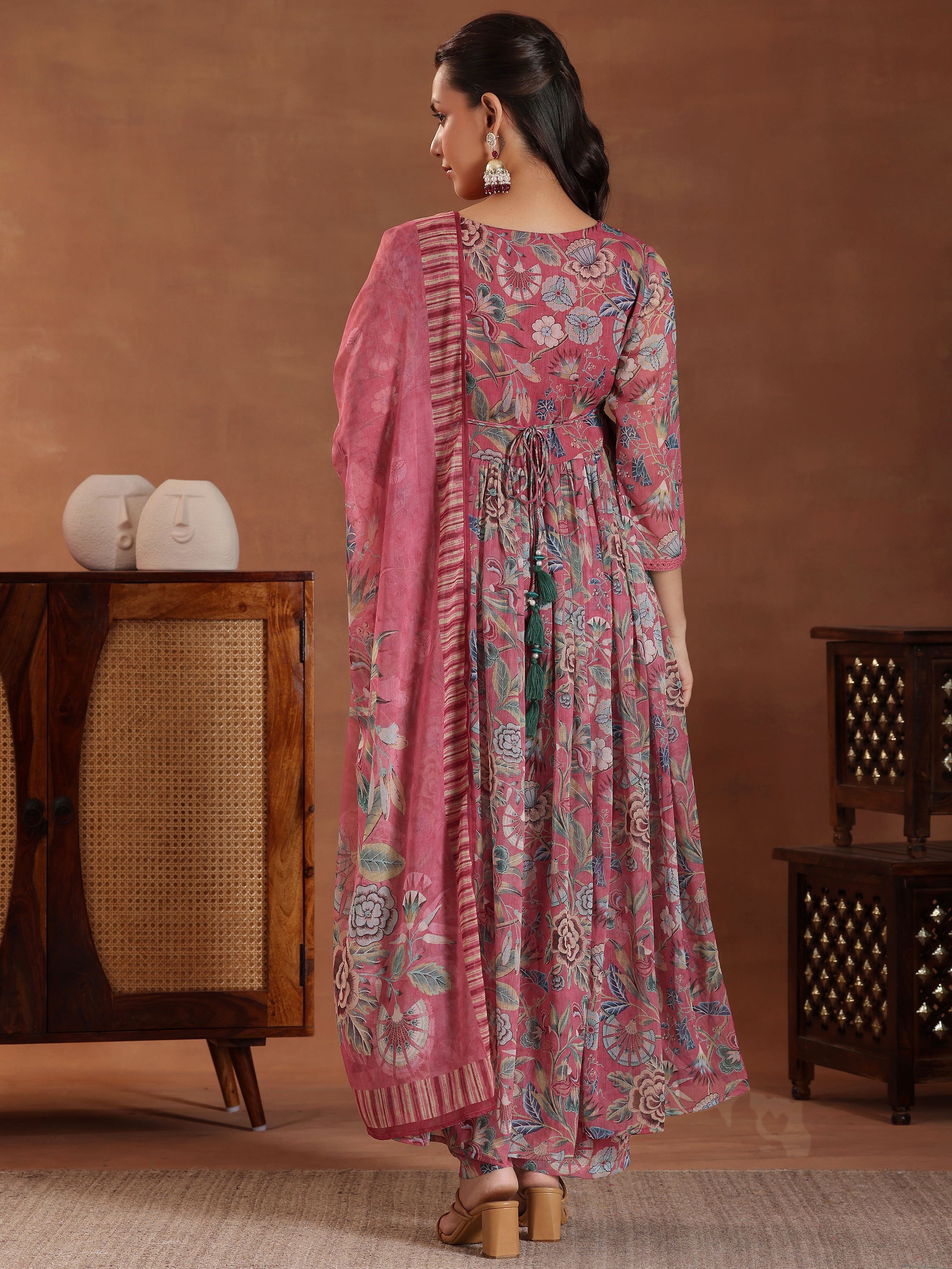 Mauve Printed Poly Chiffon A-Line Kurta With Palazzos & Dupatta