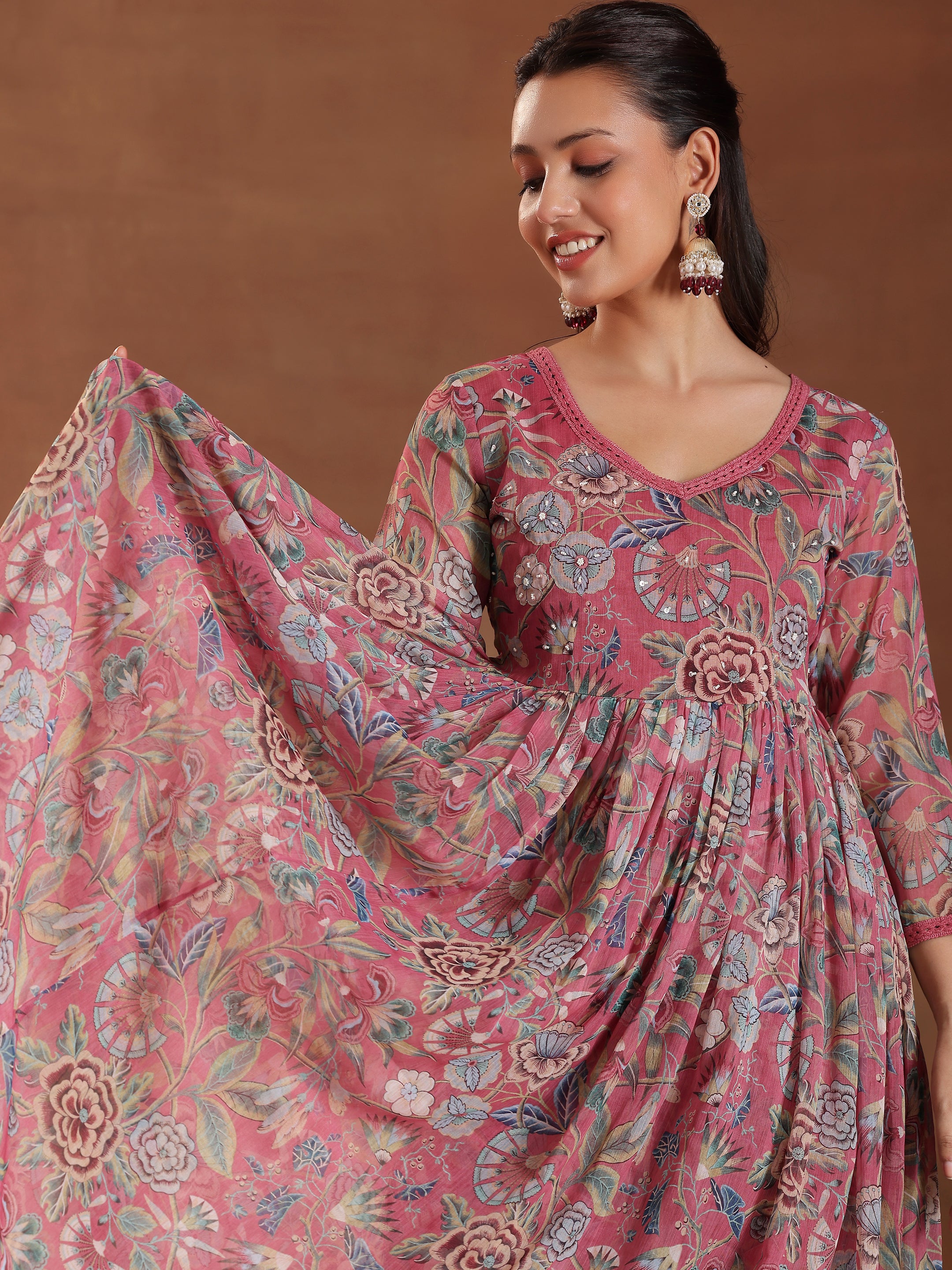 Mauve Printed Poly Chiffon A-Line Kurta With Palazzos & Dupatta