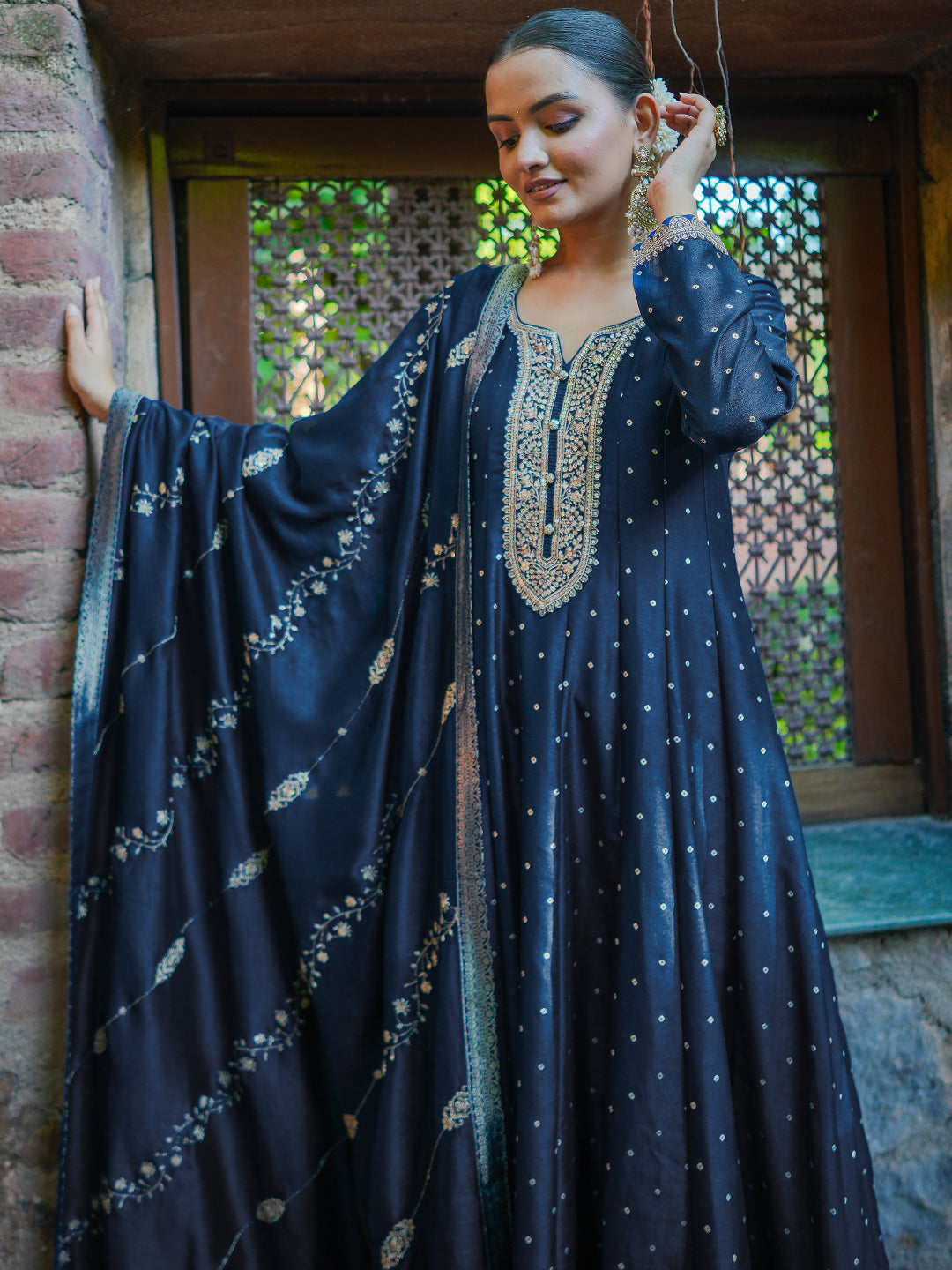 Blue Embroidered Silk Blend A-Line Kurta With Trousers & Dupatta