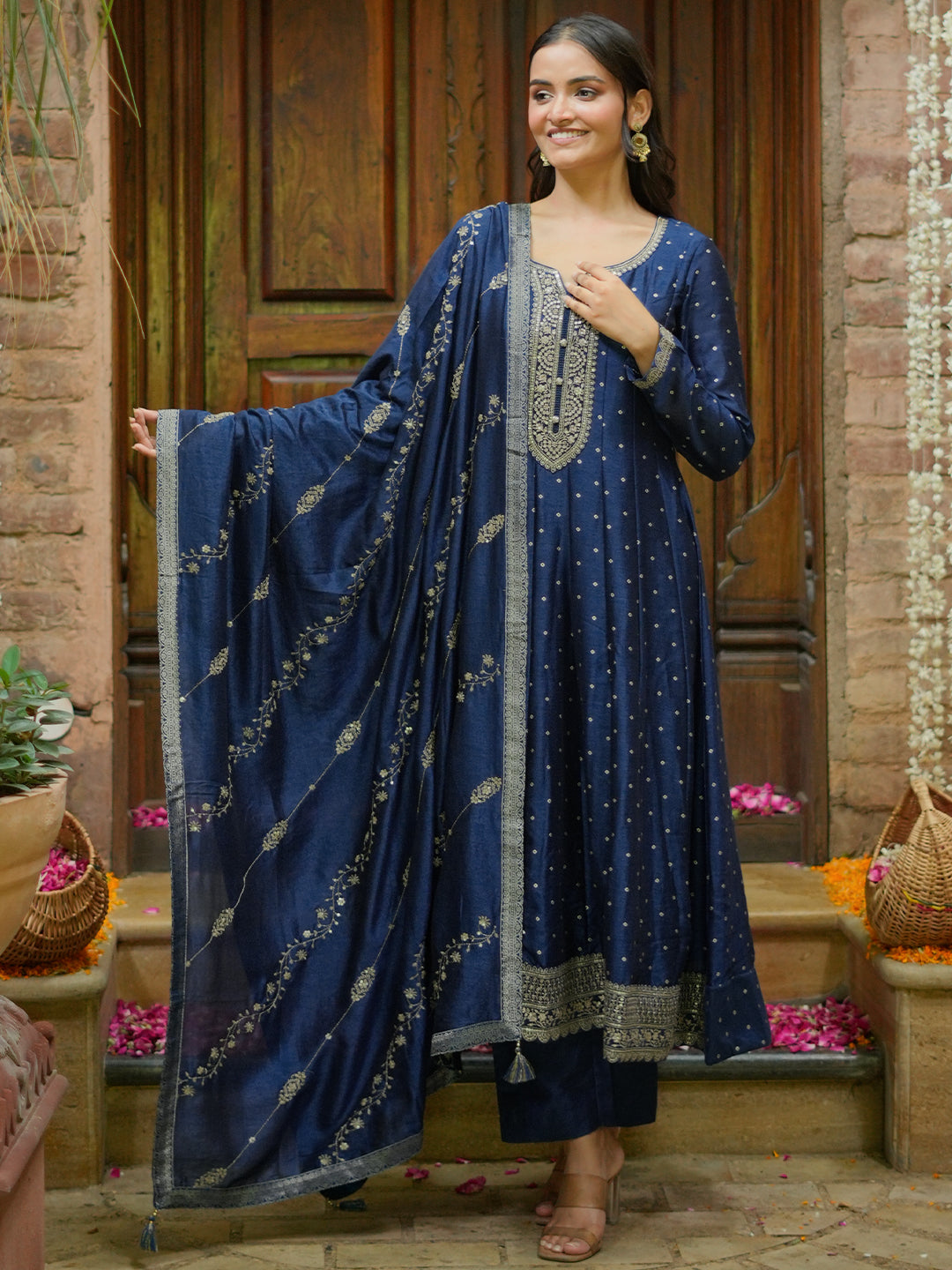 Blue Embroidered Silk Blend A-Line Kurta With Trousers & Dupatta