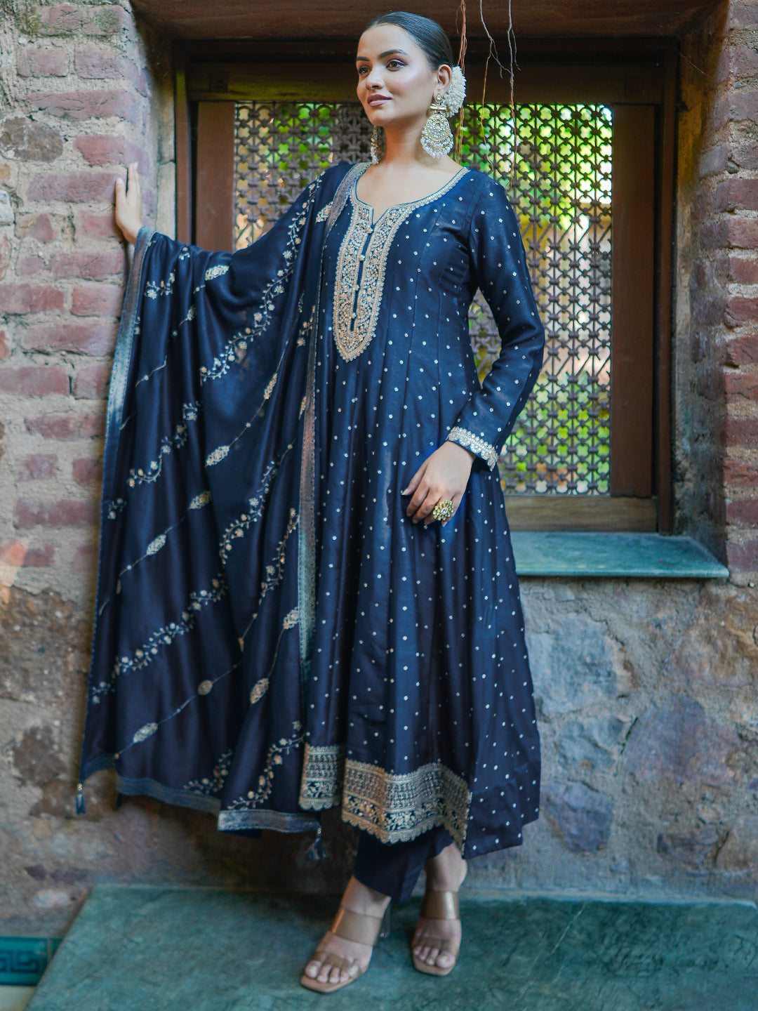 Blue Embroidered Silk Blend A-Line Kurta With Trousers & Dupatta