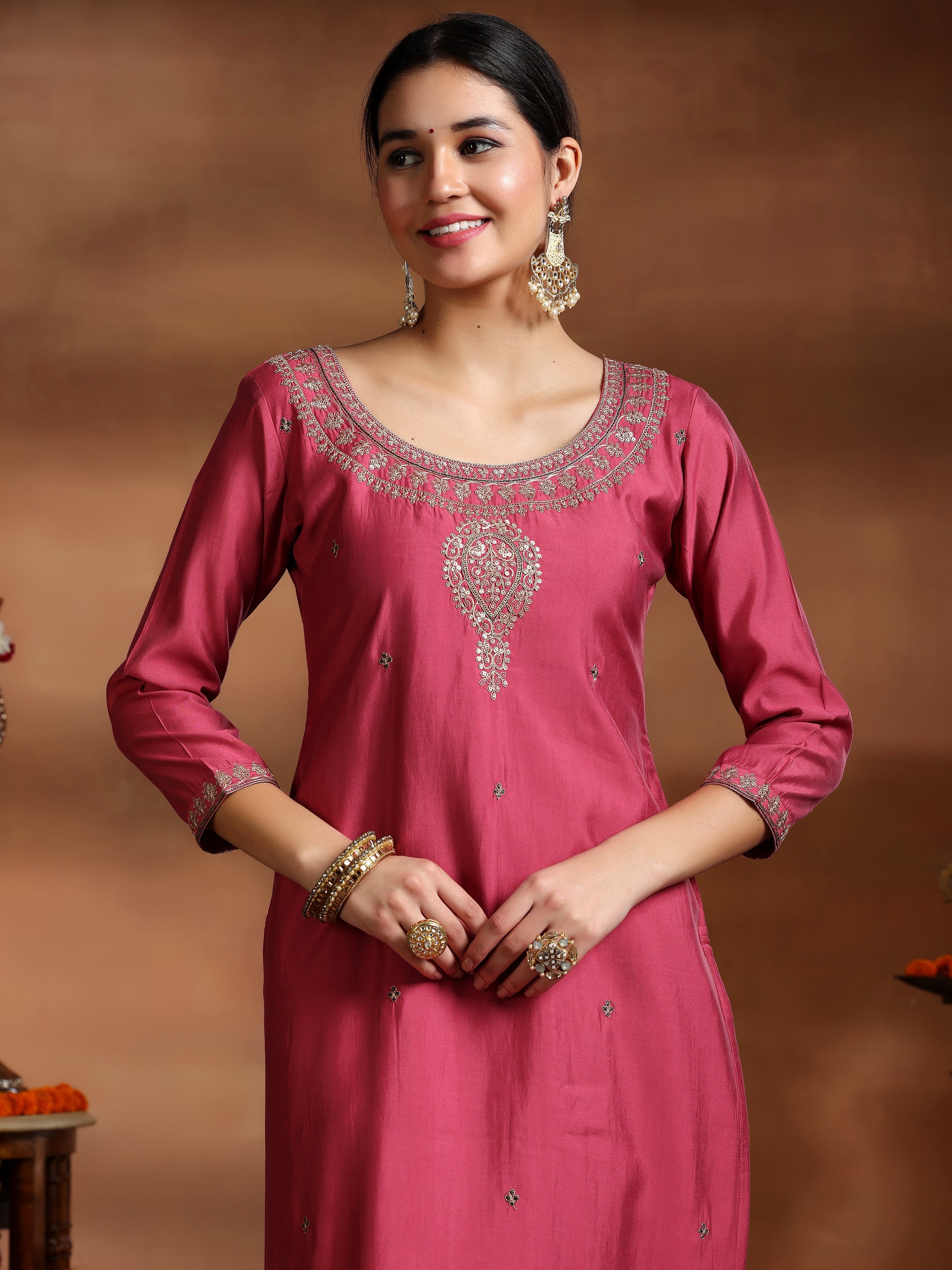 Pink Embroidered Silk Blend Straight Suit With Dupatta