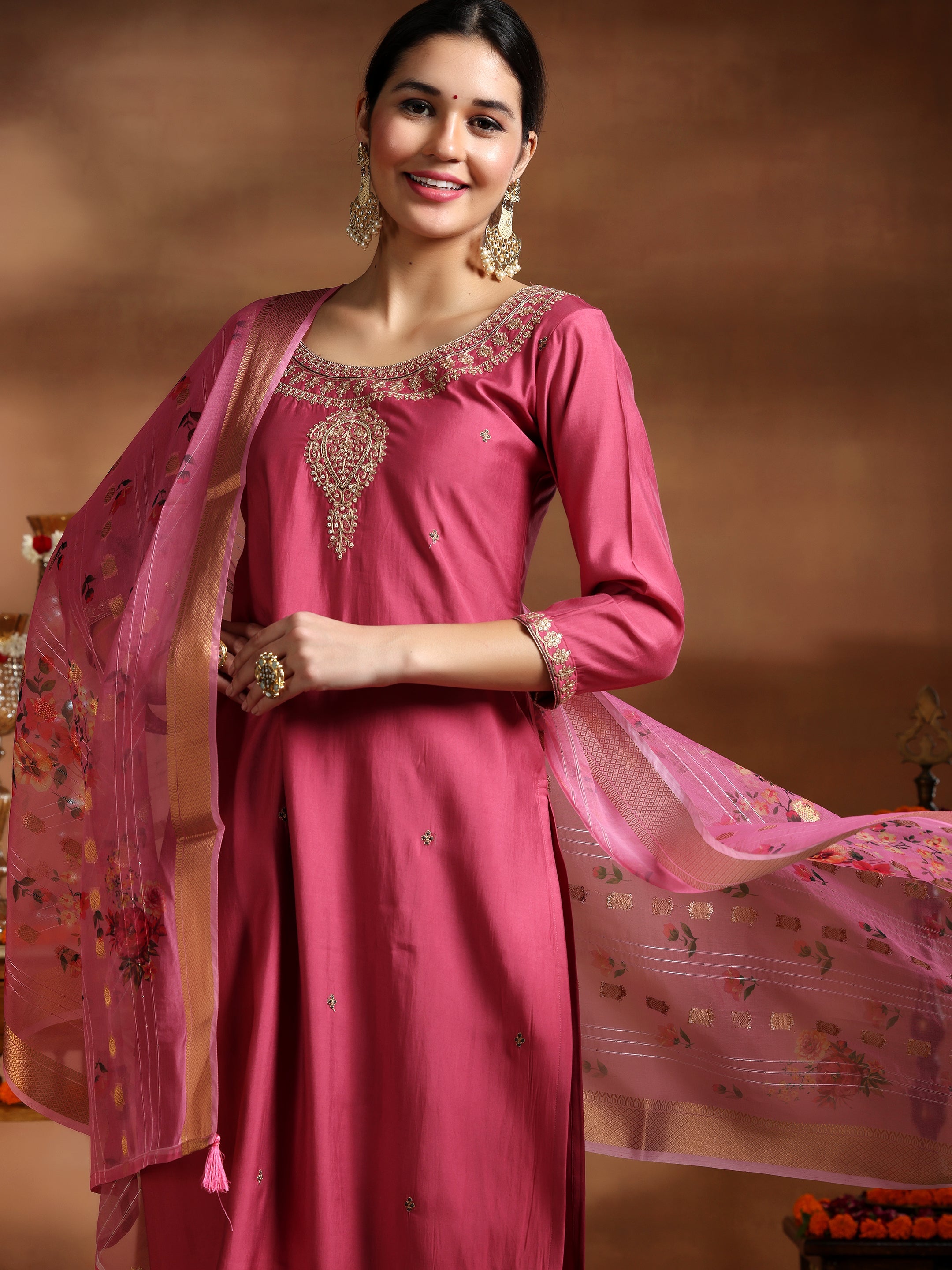 Pink Embroidered Silk Blend Straight Suit With Dupatta