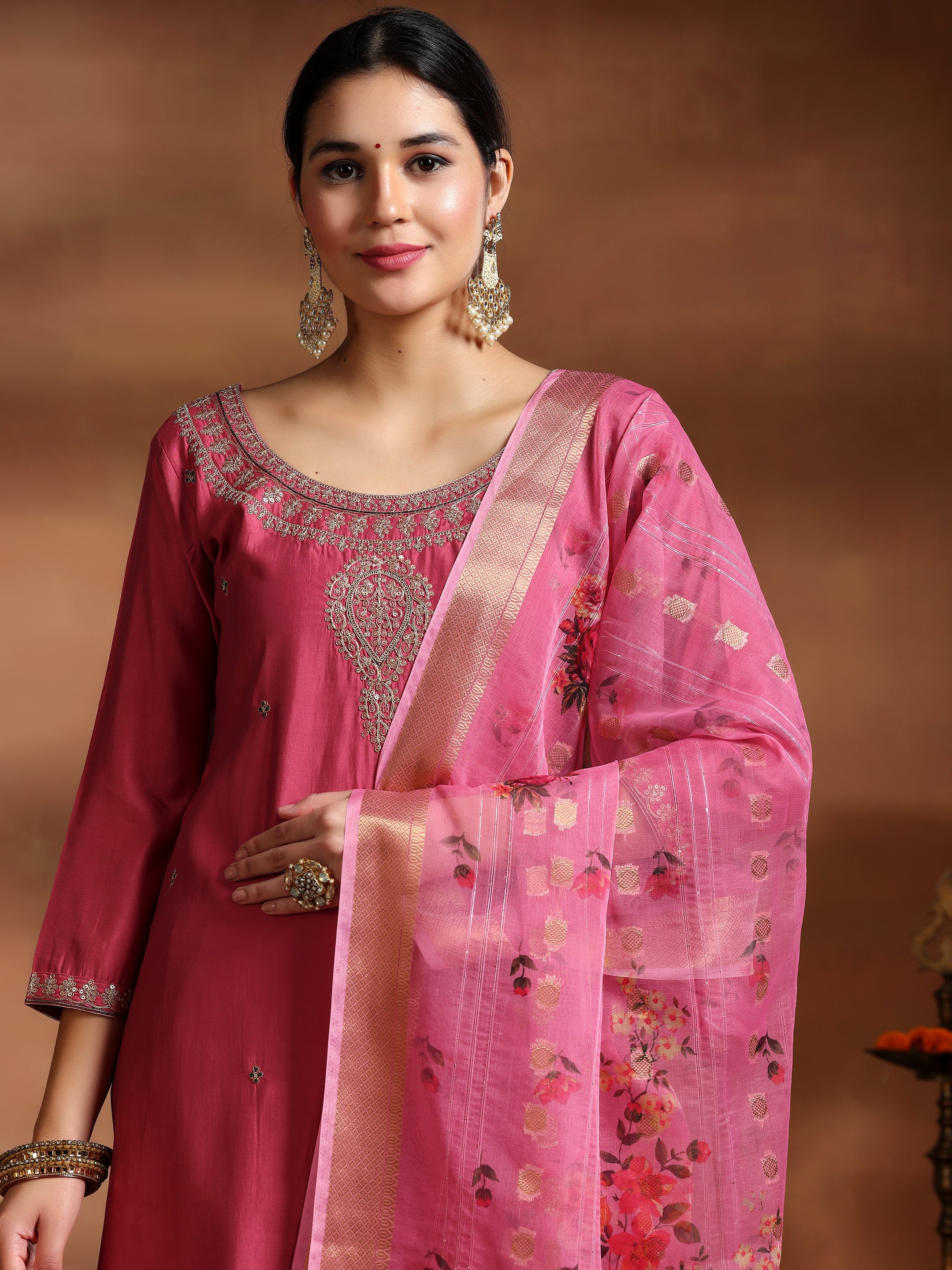 Pink Embroidered Silk Blend Straight Suit With Dupatta