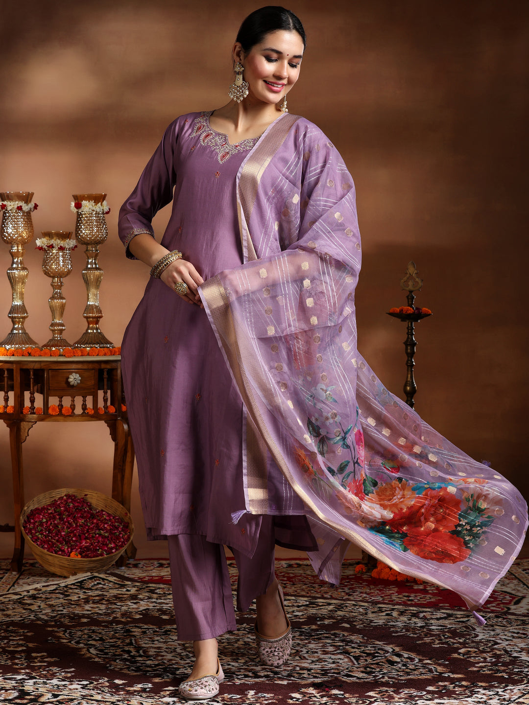 Mauve Embroidered Silk Blend Straight Suit With Dupatta