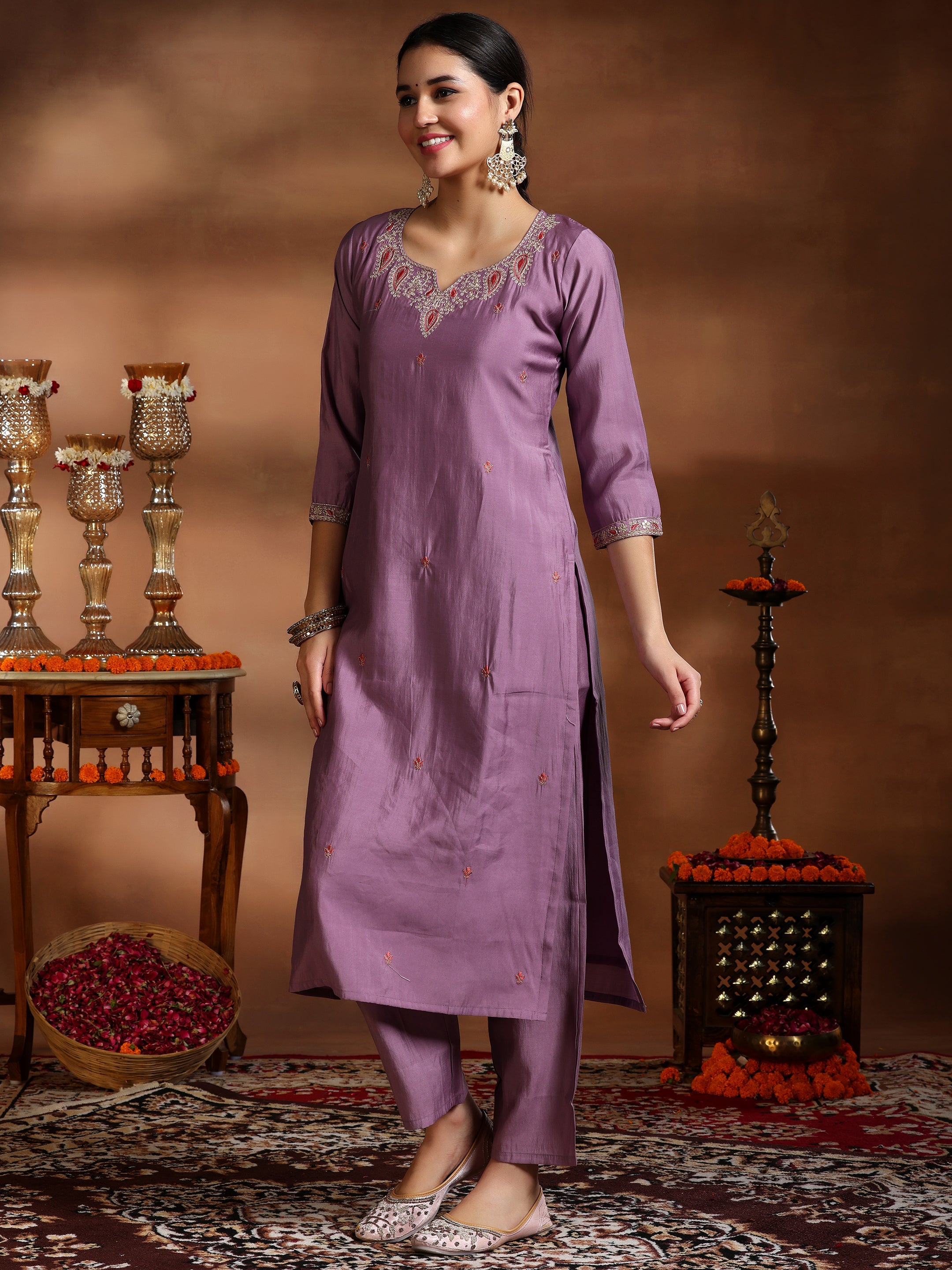 Mauve Embroidered Silk Blend Straight Suit With Dupatta