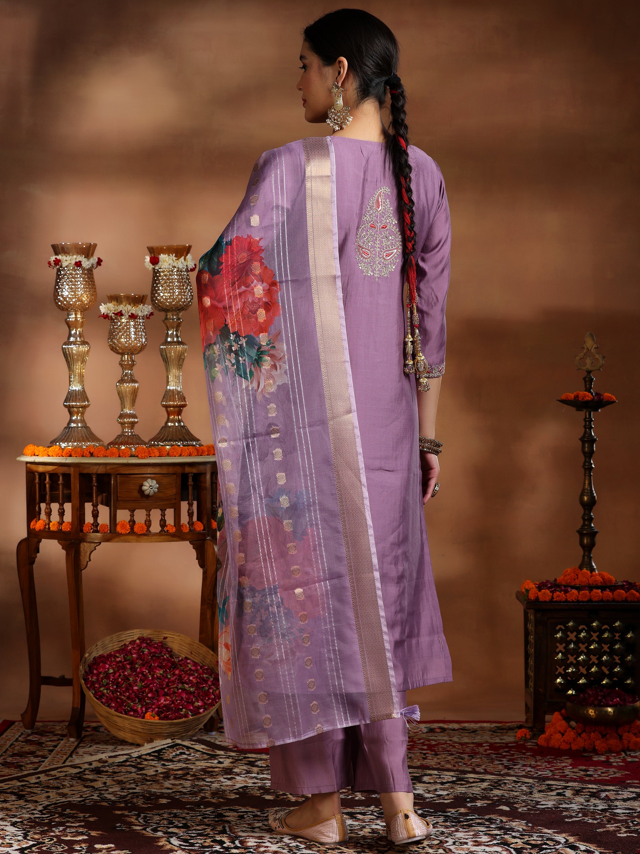 Mauve Embroidered Silk Blend Straight Suit With Dupatta