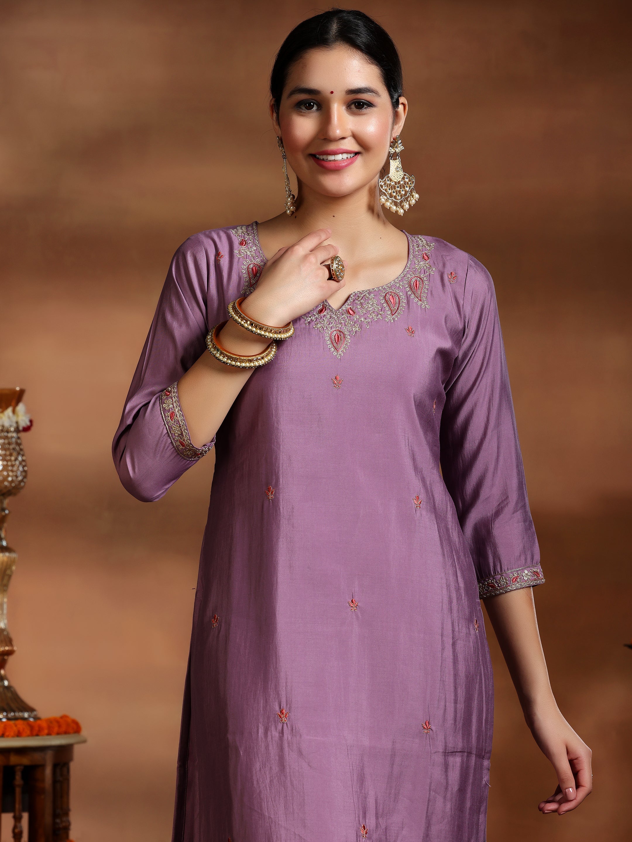 Mauve Embroidered Silk Blend Straight Suit With Dupatta