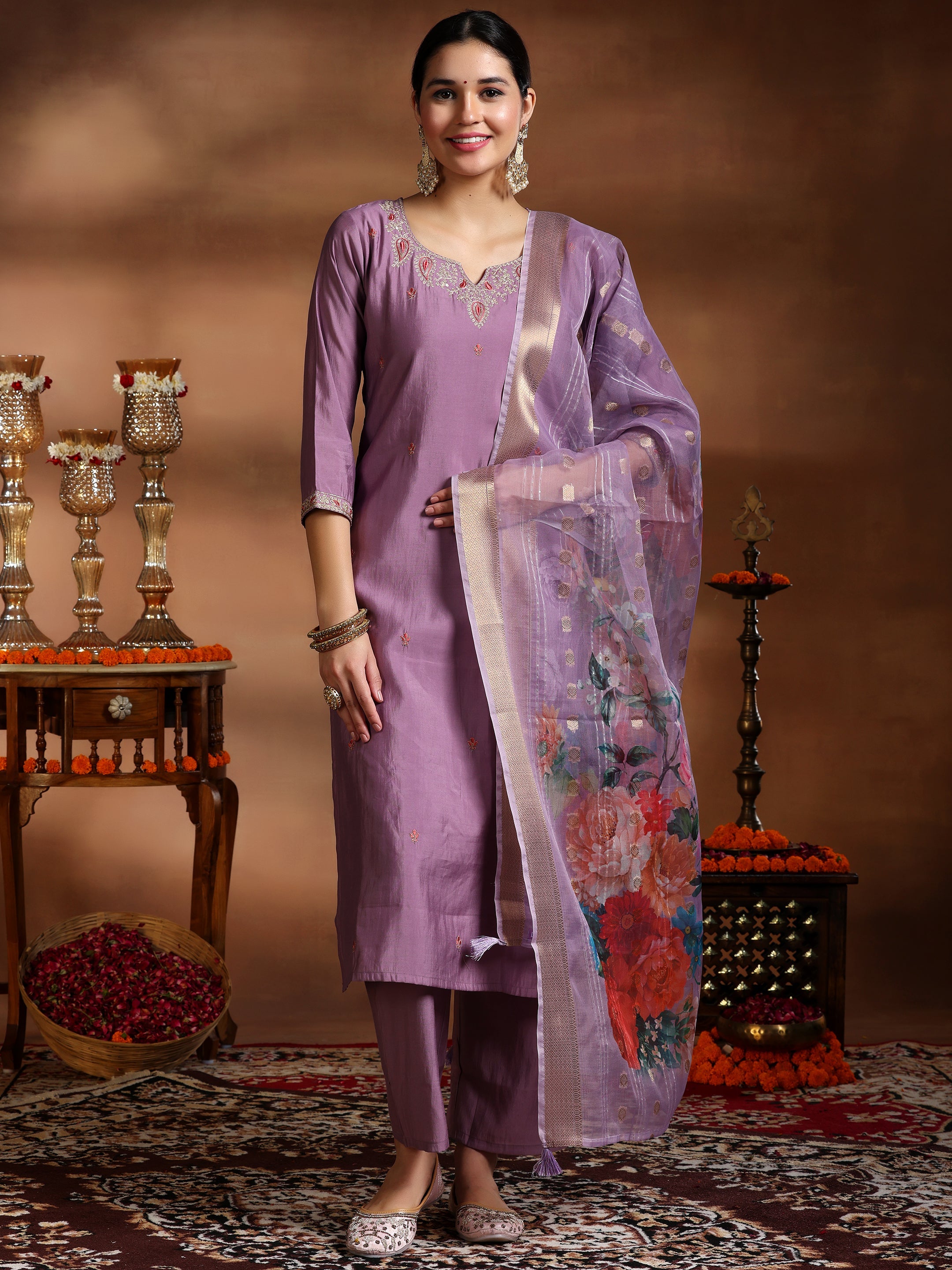 Mauve Embroidered Silk Blend Straight Suit With Dupatta