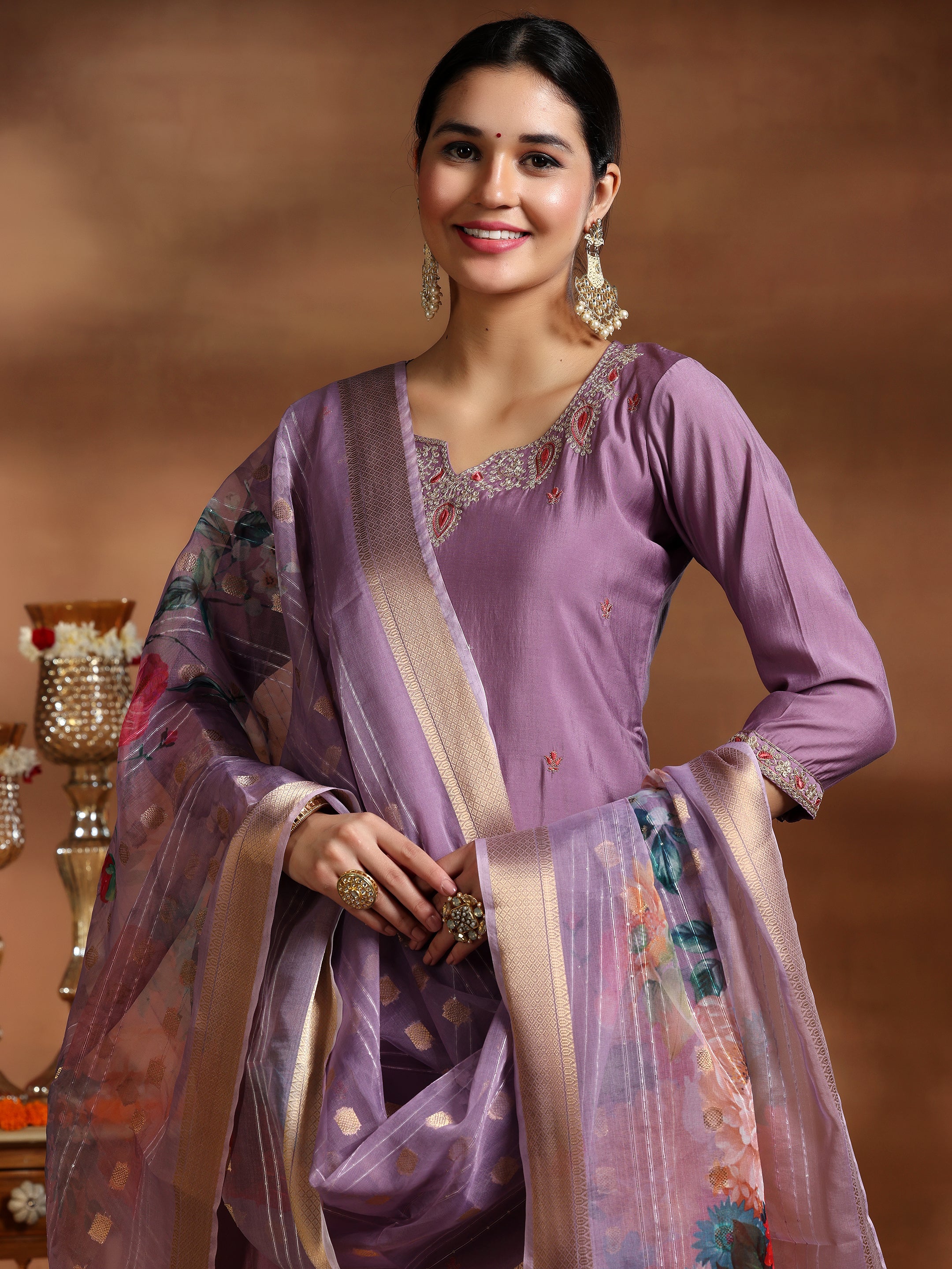 Mauve Embroidered Silk Blend Straight Suit With Dupatta