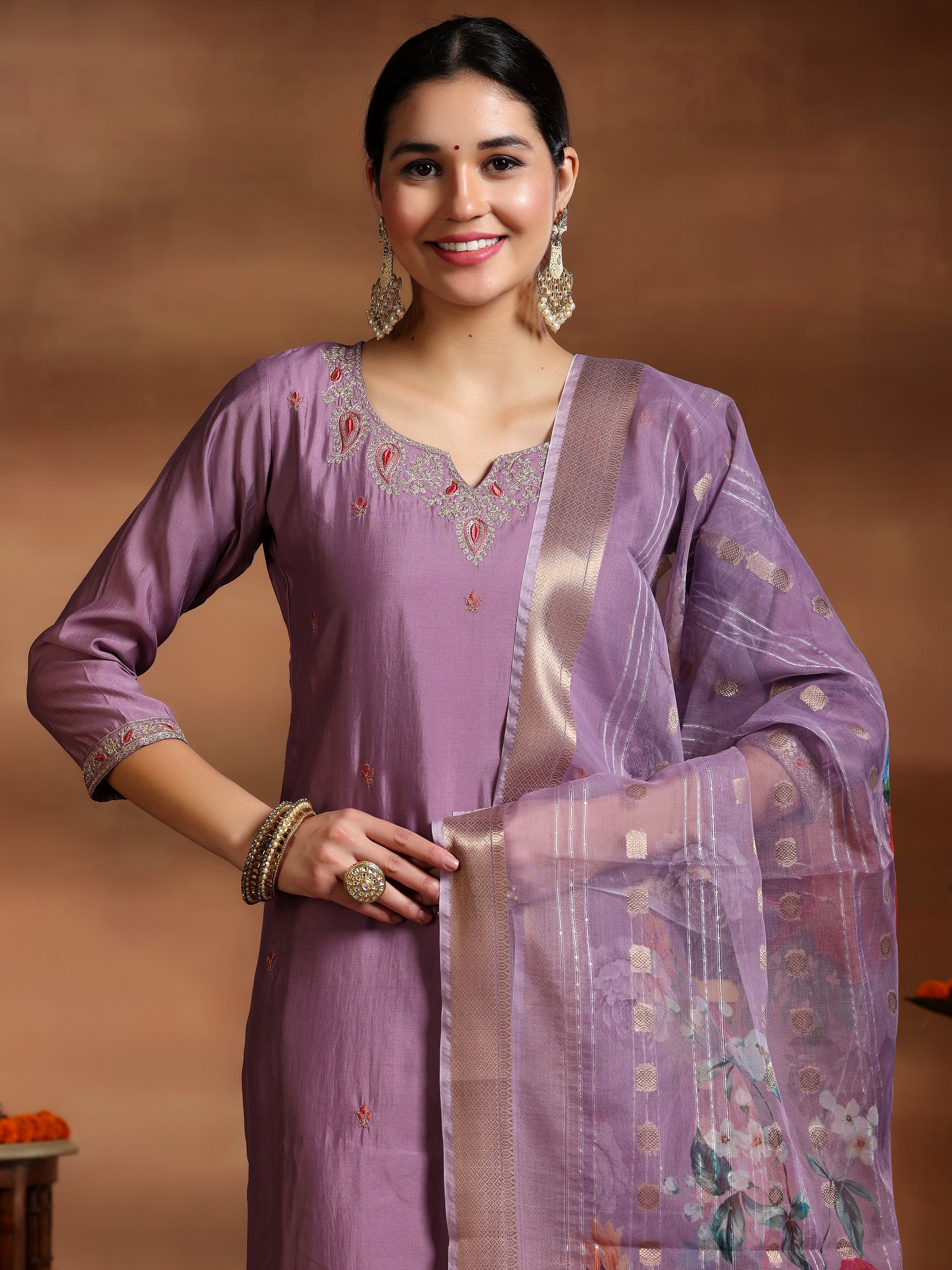 Mauve Embroidered Silk Blend Straight Suit With Dupatta