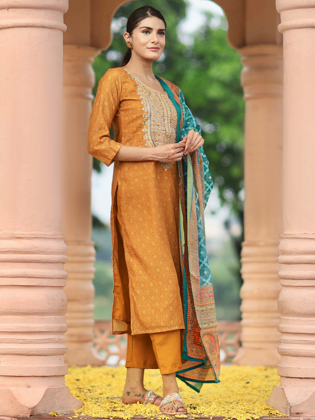 Mustard Printed Silk Blend Straight Suit With Dupatta