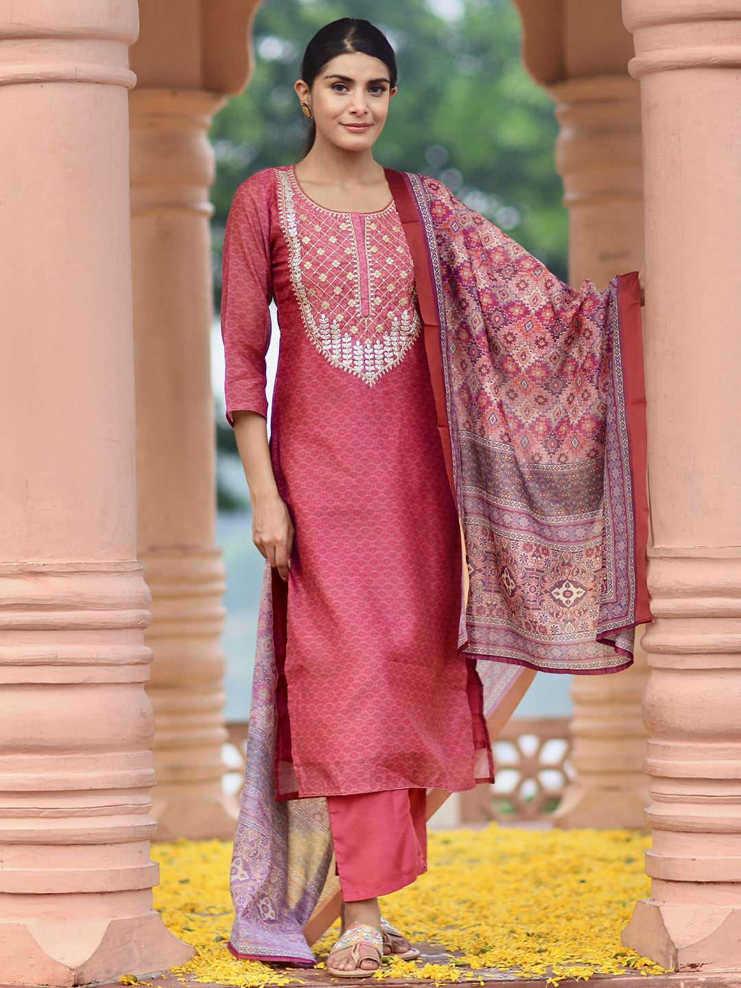 Pink Printed Silk Blend Straight Suit With Dupatta