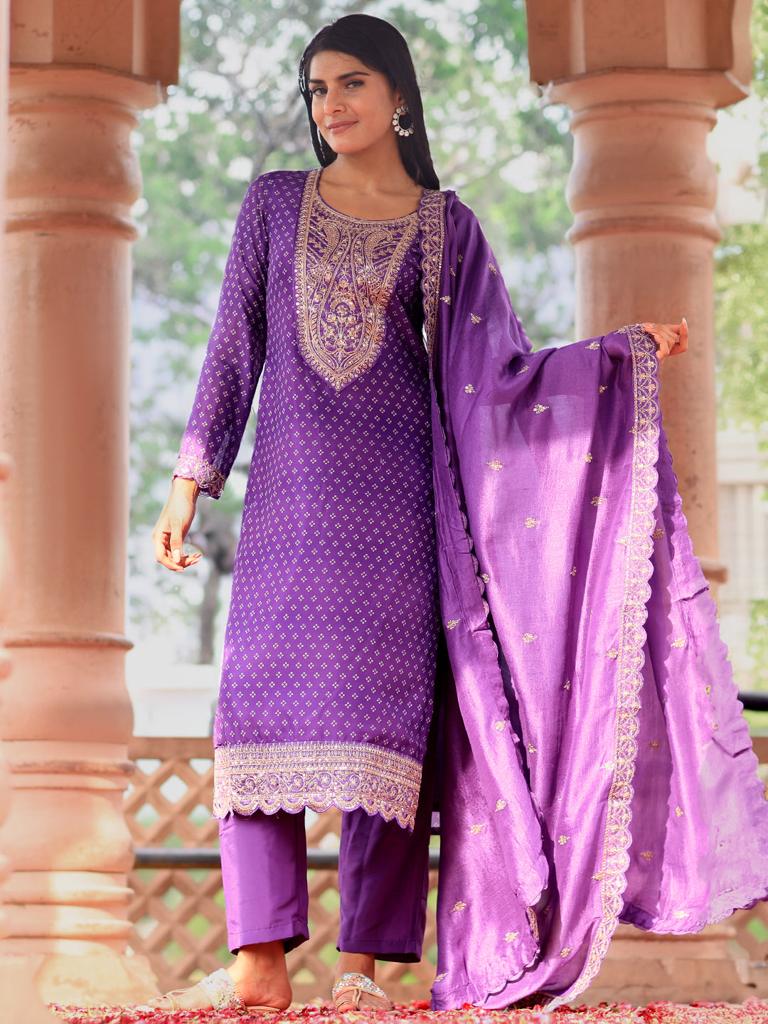 Purple Printed Silk Blend Straight Suit With Dupatta