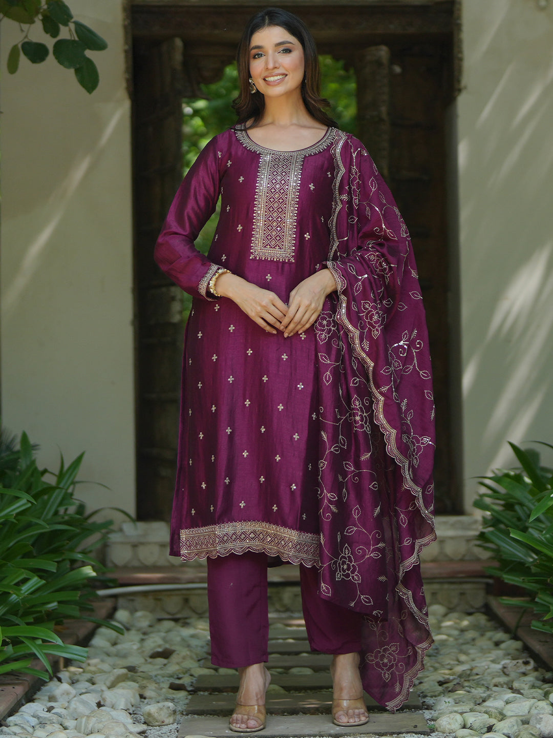 Wine Embroidered Silk Blend Straight Suit With Dupatta