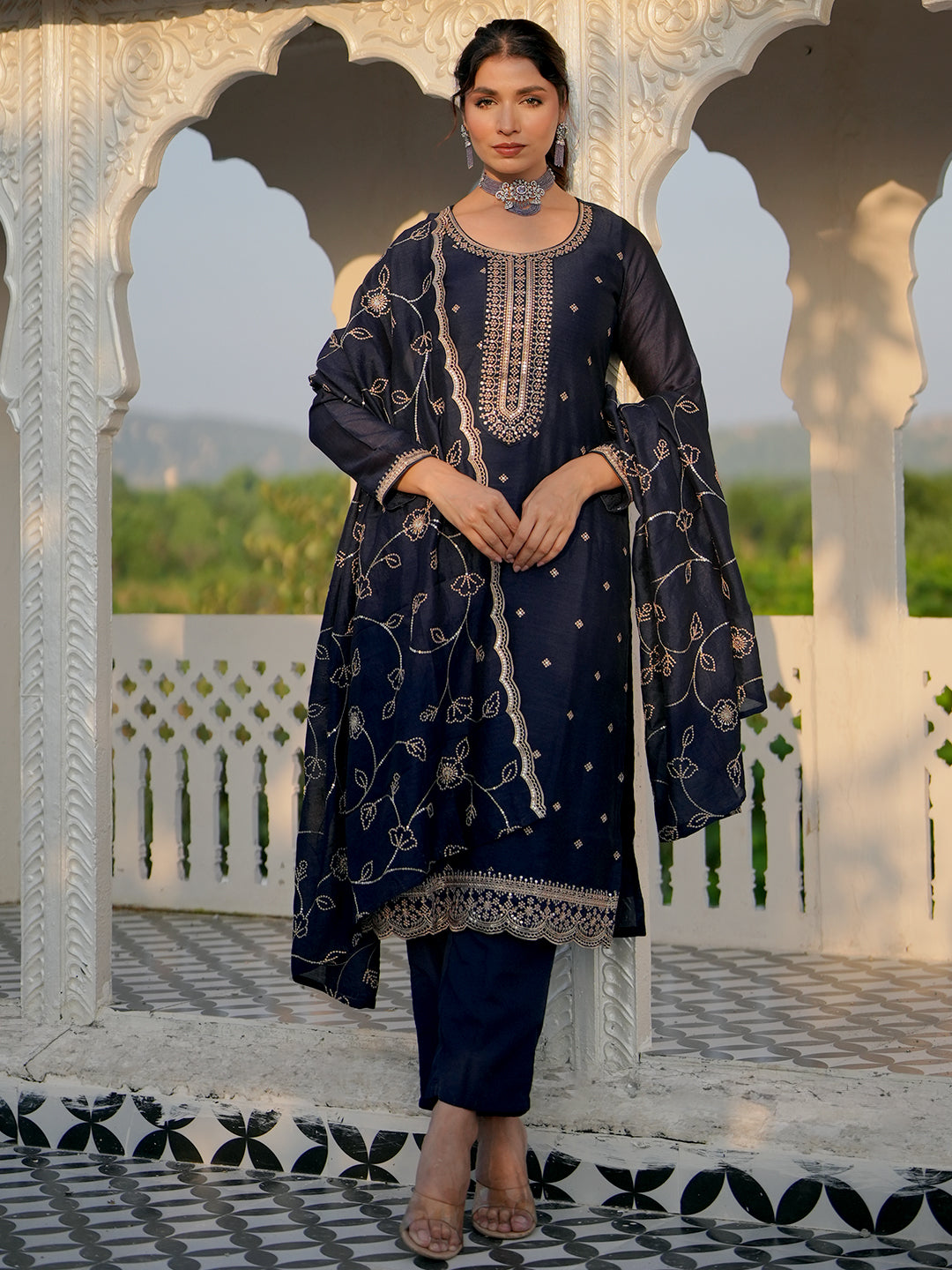 Blue Embroidered Silk Blend Straight Suit With Dupatta