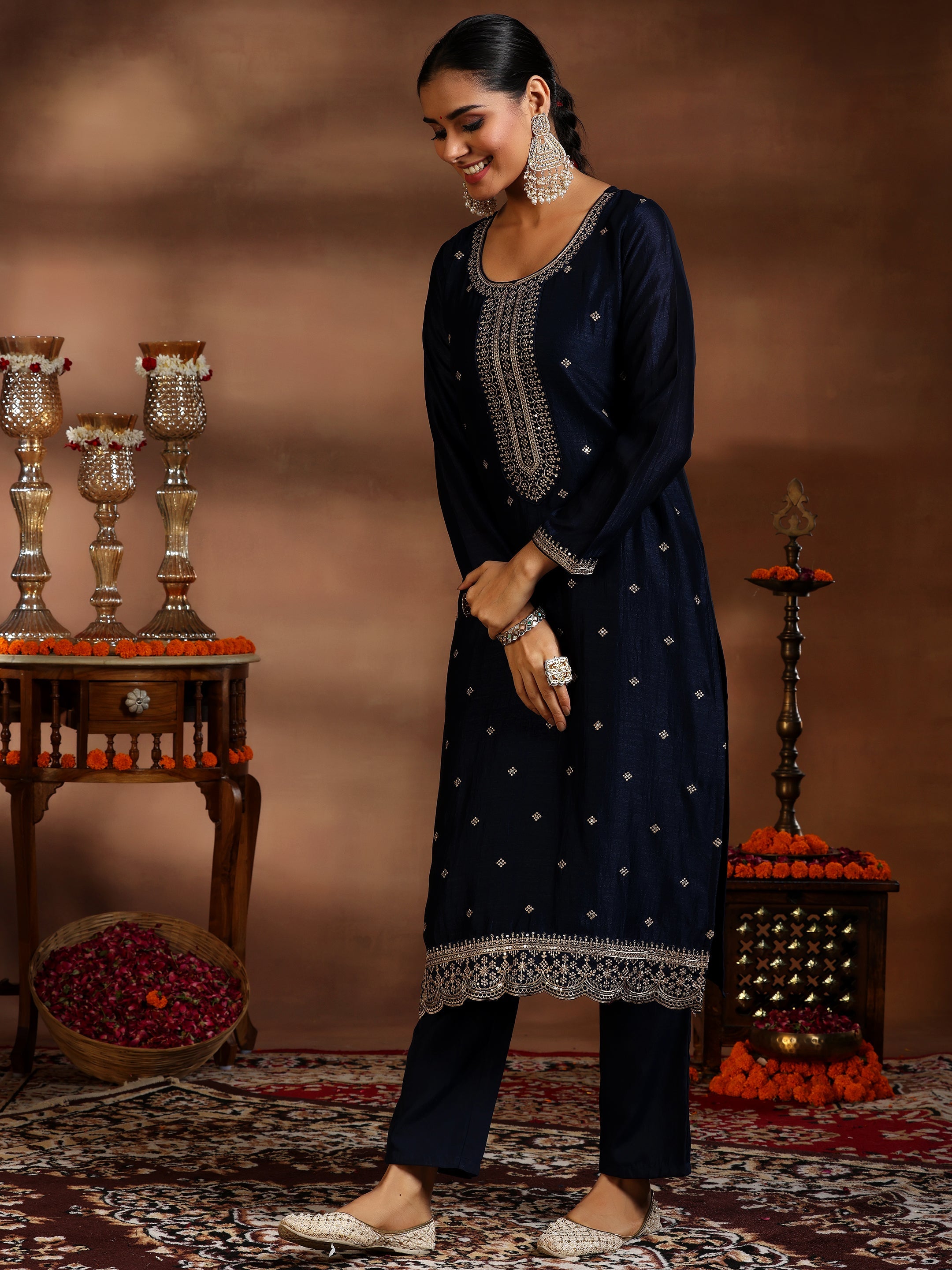 Blue Embroidered Silk Blend Straight Suit With Dupatta