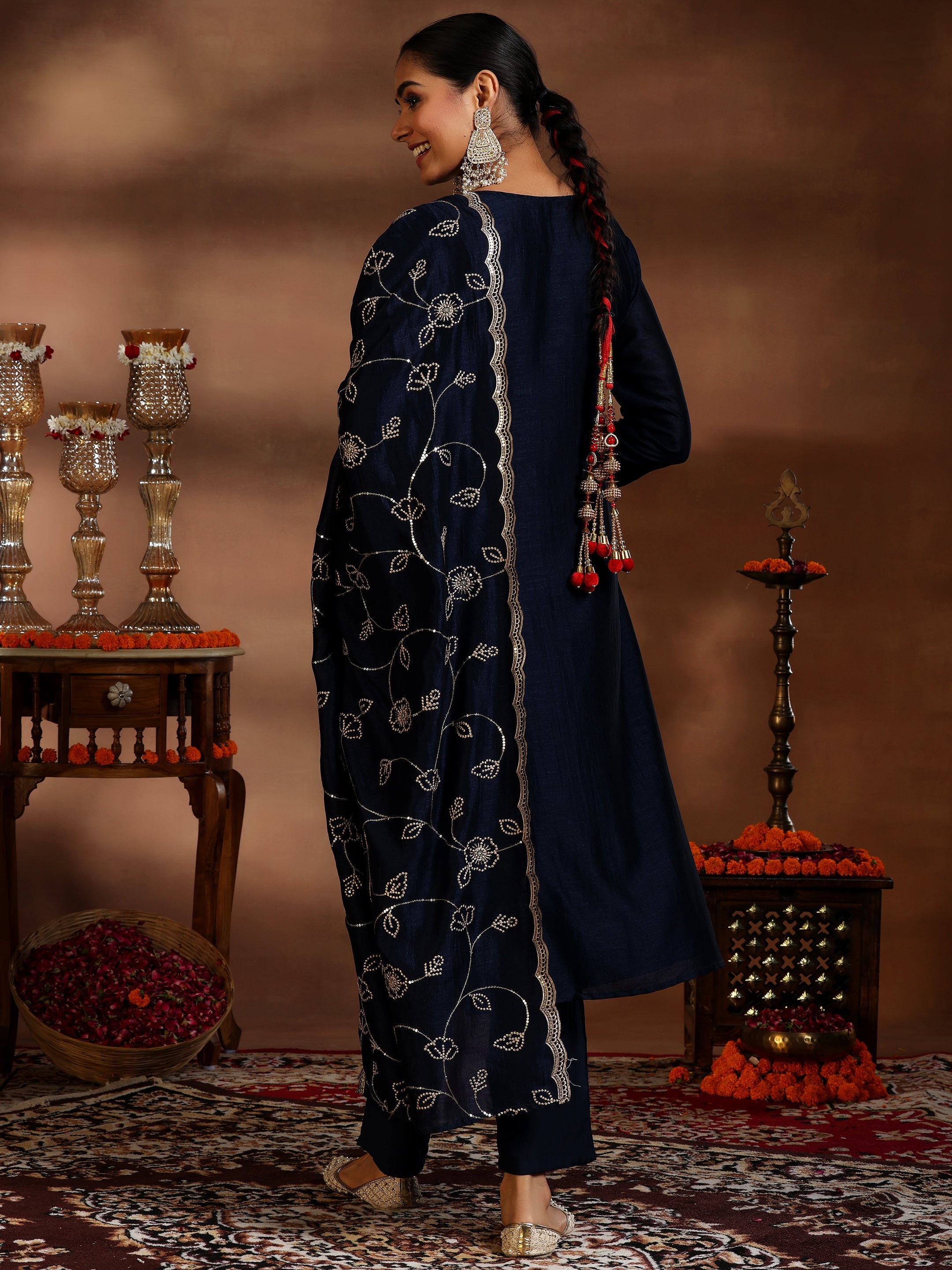 Blue Embroidered Silk Blend Straight Suit With Dupatta