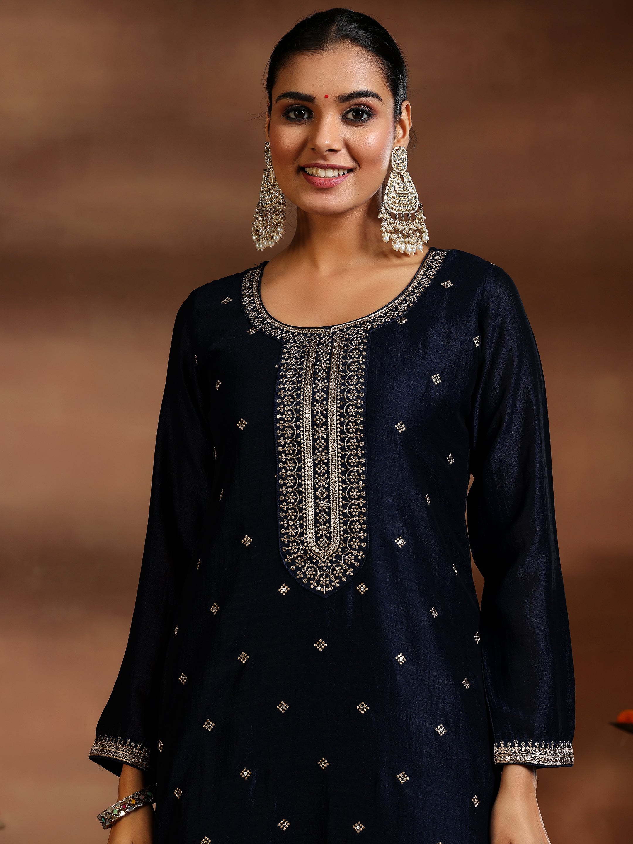 Blue Embroidered Silk Blend Straight Suit With Dupatta