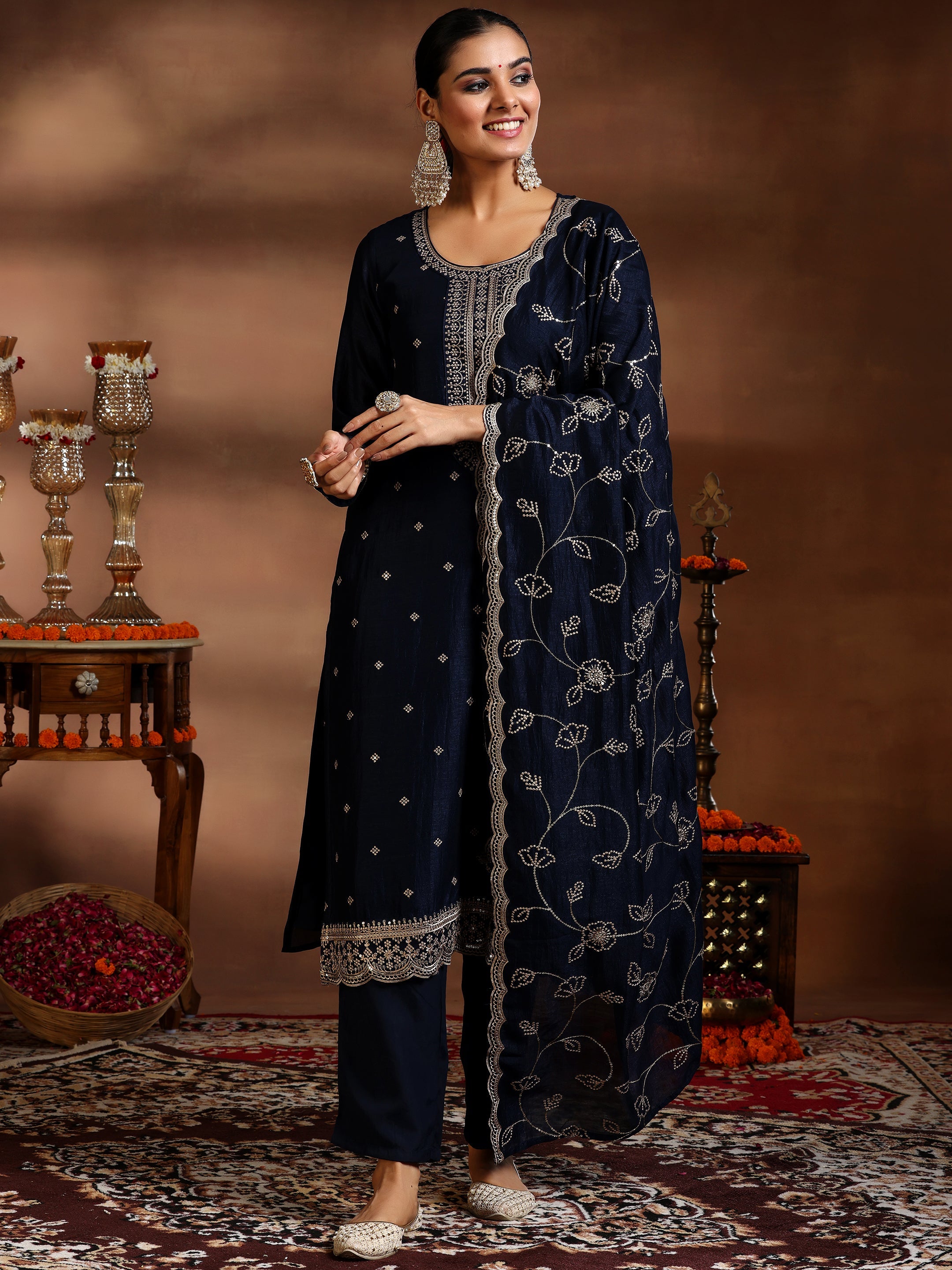 Blue Embroidered Silk Blend Straight Suit With Dupatta