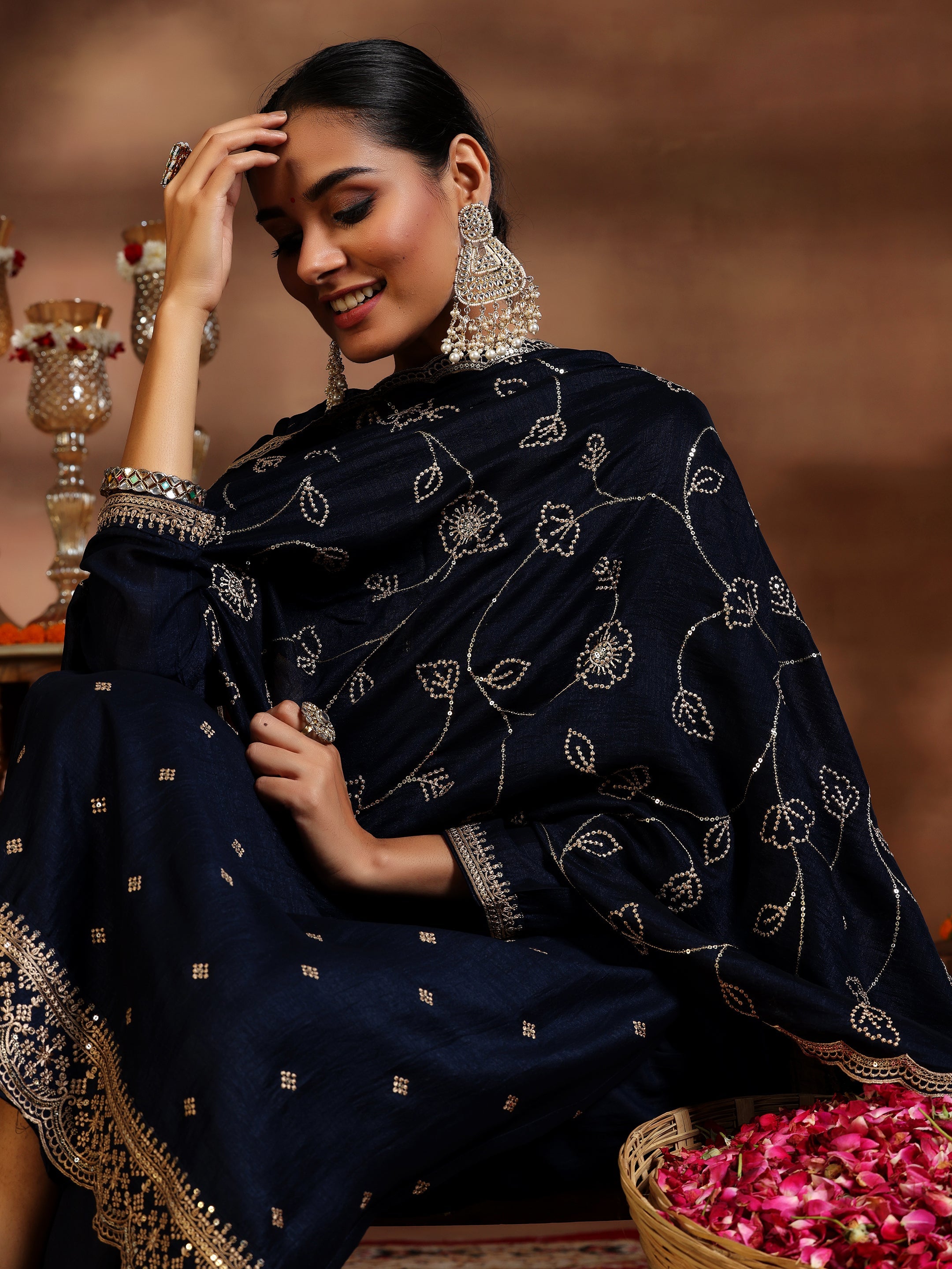 Blue Embroidered Silk Blend Straight Suit With Dupatta