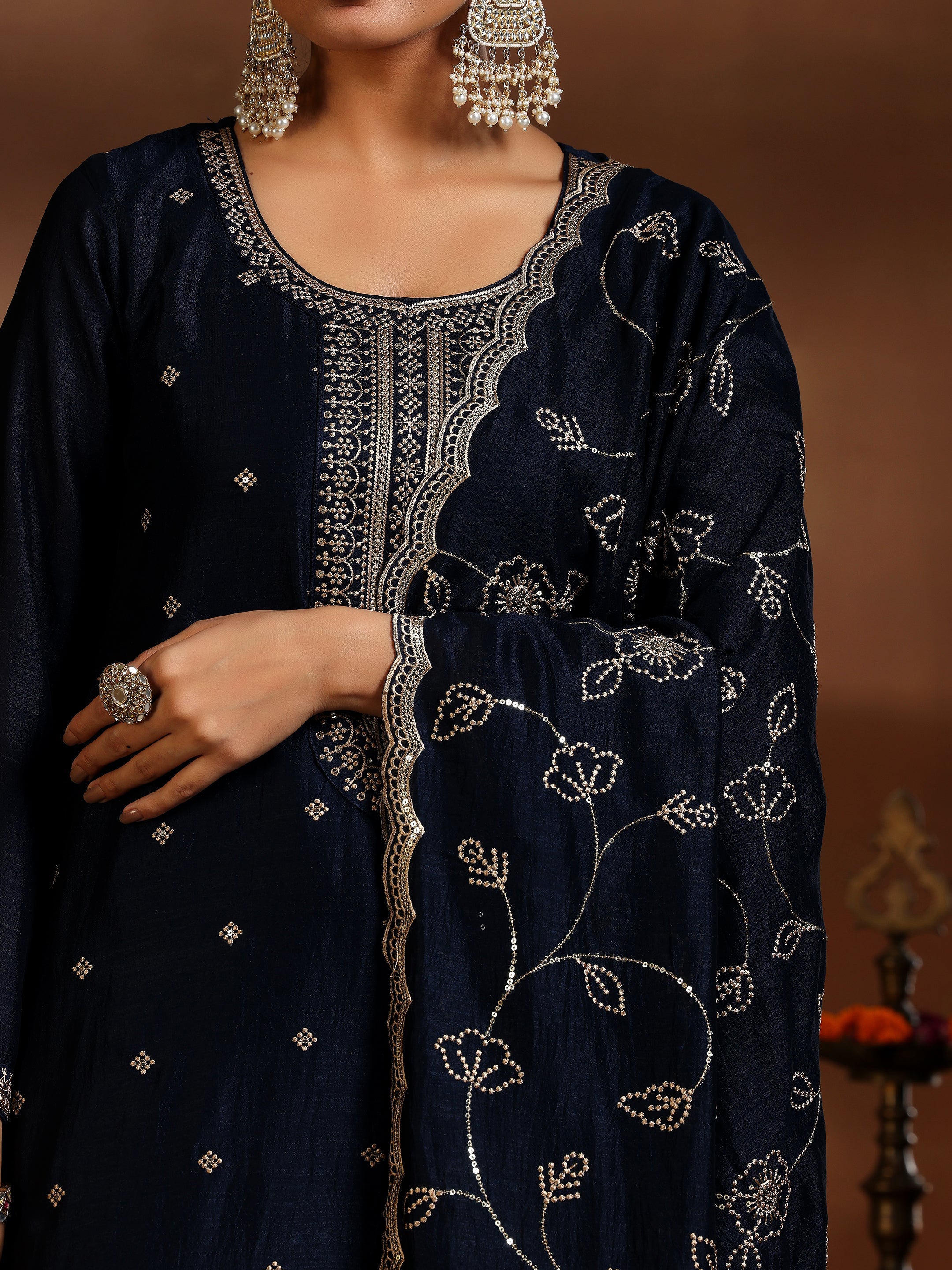 Blue Embroidered Silk Blend Straight Suit With Dupatta