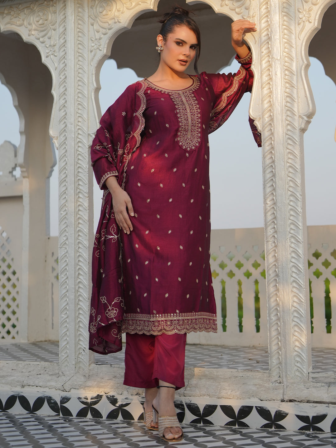 Maroon Embroidered Silk Blend Straight Suits With Dupatta