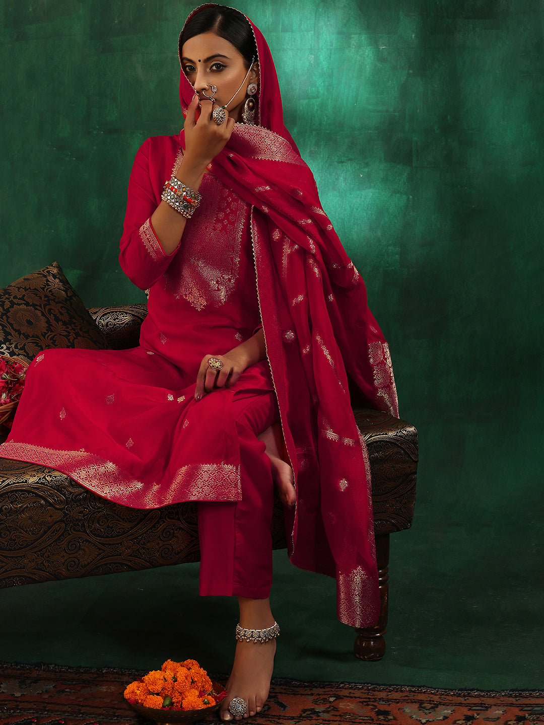 Red Woven Design Silk Blend Straight Suit With Dupatta