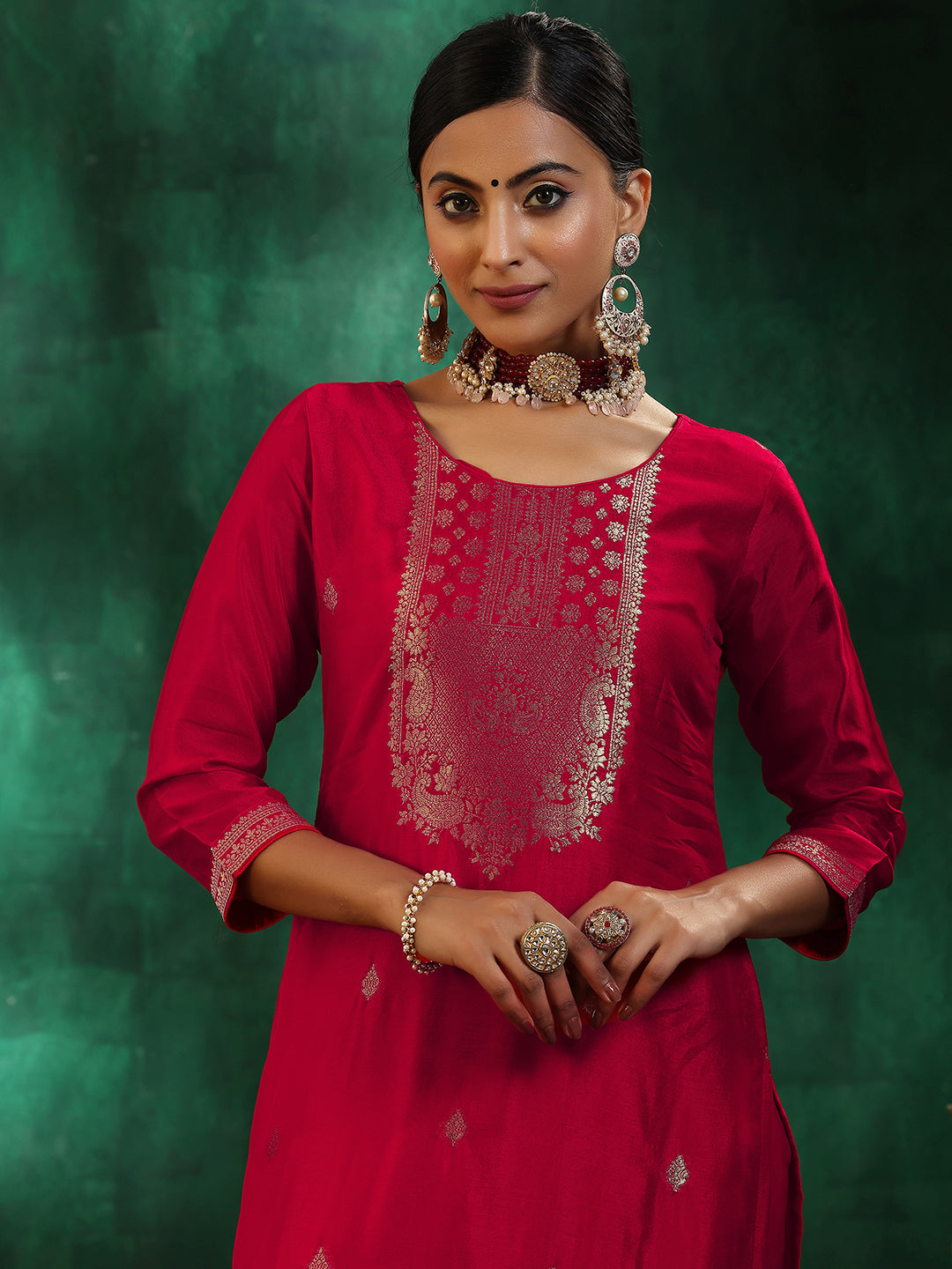 Red Woven Design Silk Blend Straight Suit With Dupatta