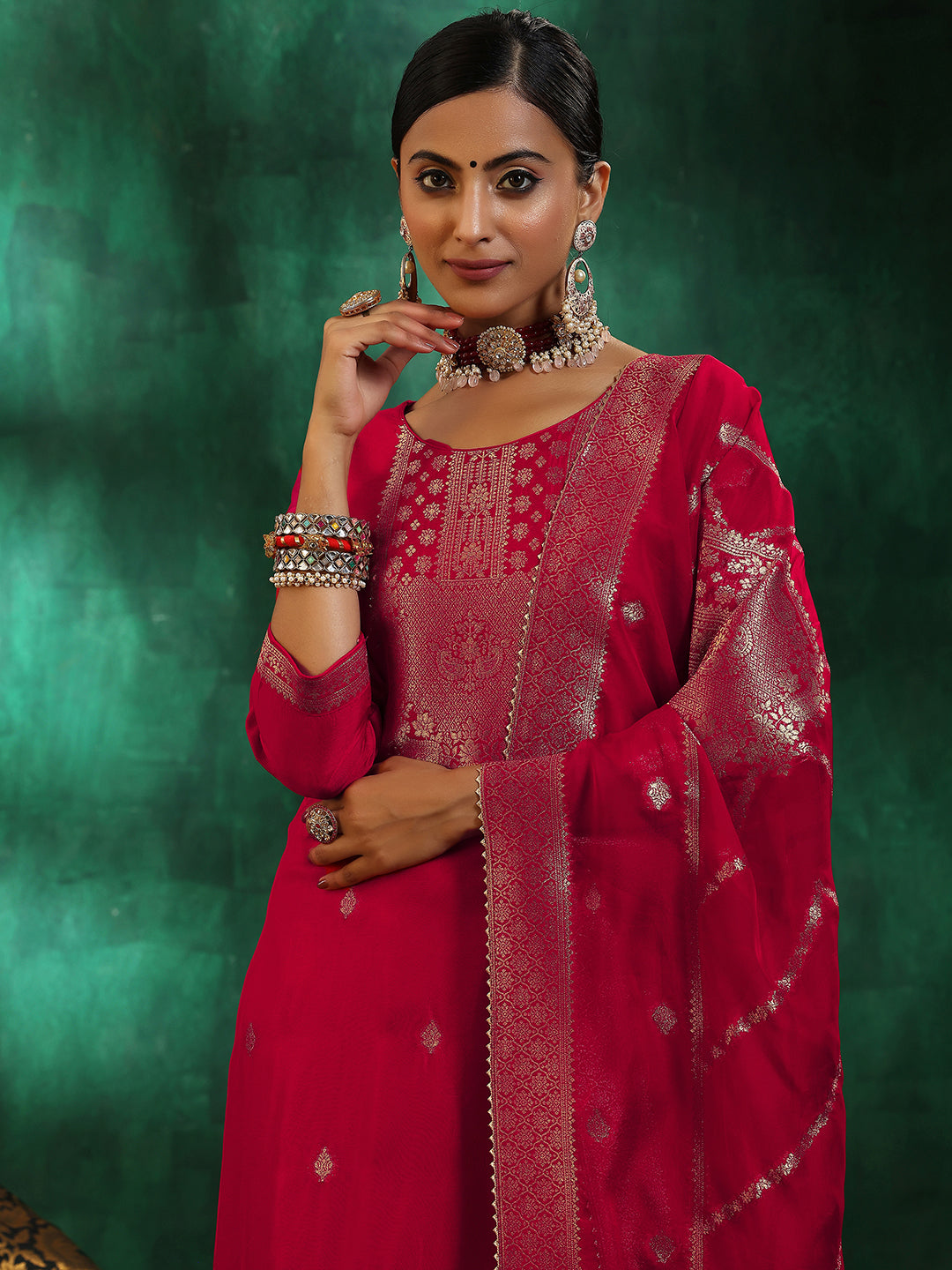 Red Woven Design Silk Blend Straight Suit With Dupatta