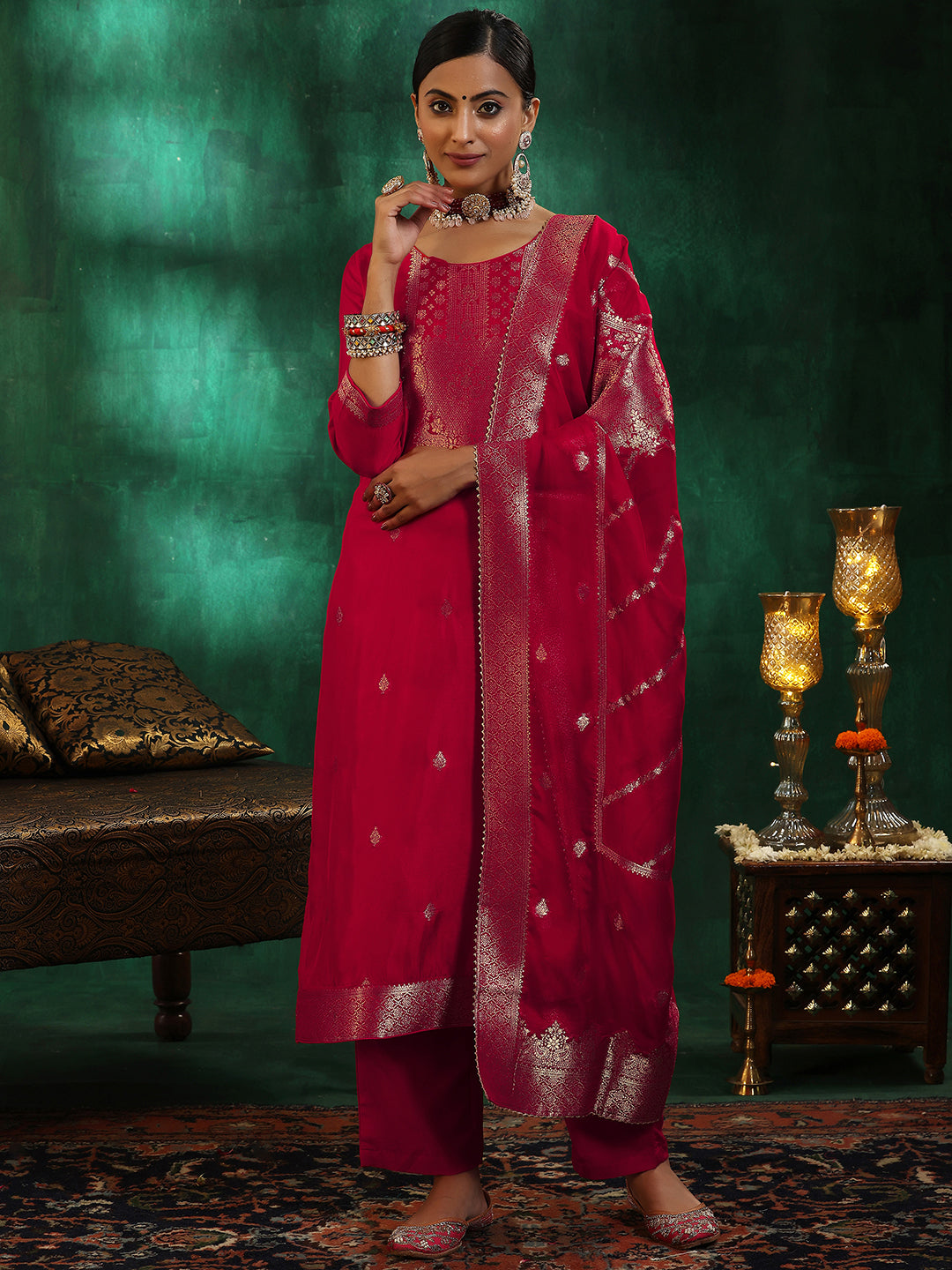 Red Woven Design Silk Blend Straight Suit With Dupatta