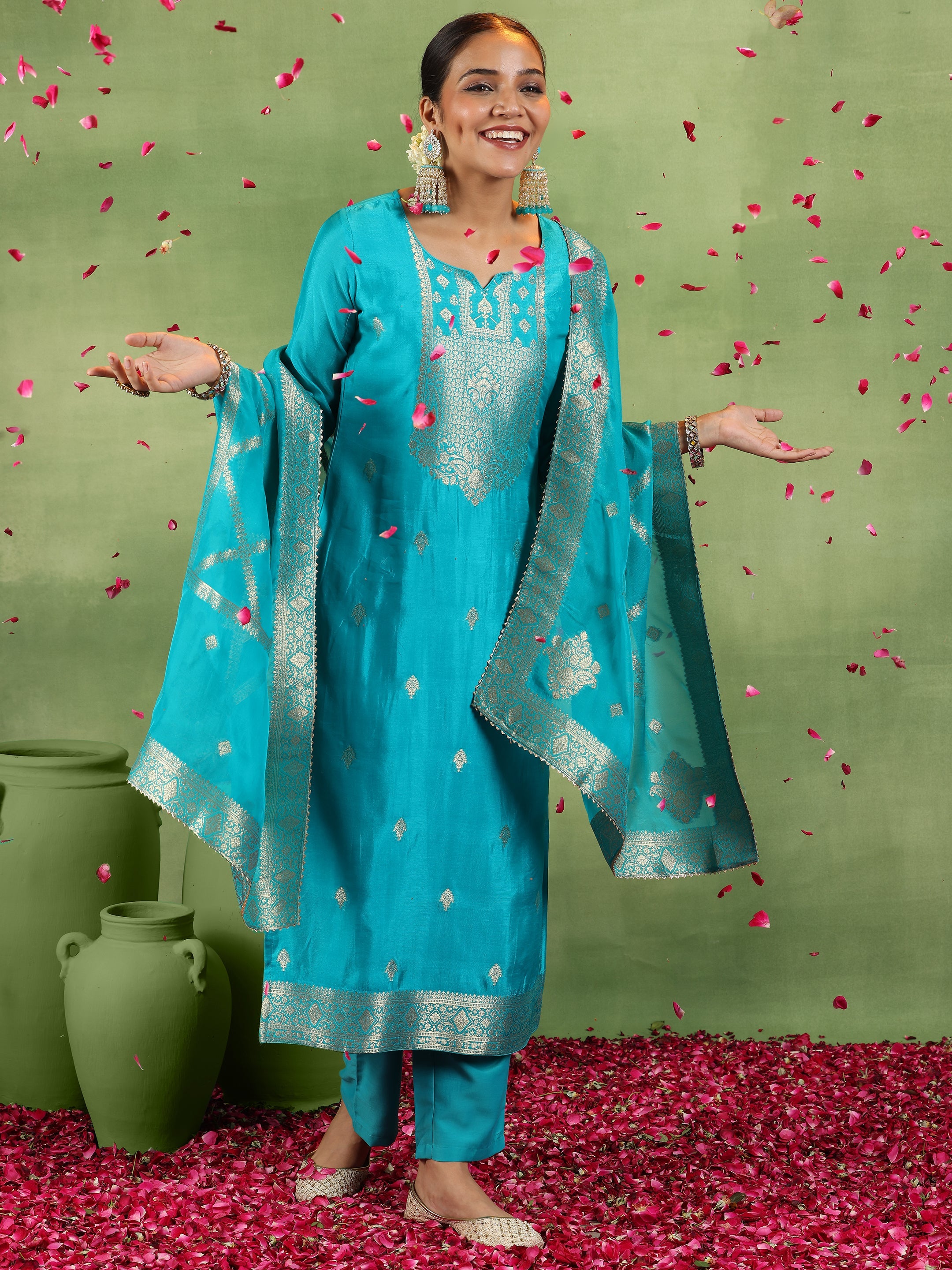 Rama Green Woven Design Silk Blend Straight Suit With Dupatta