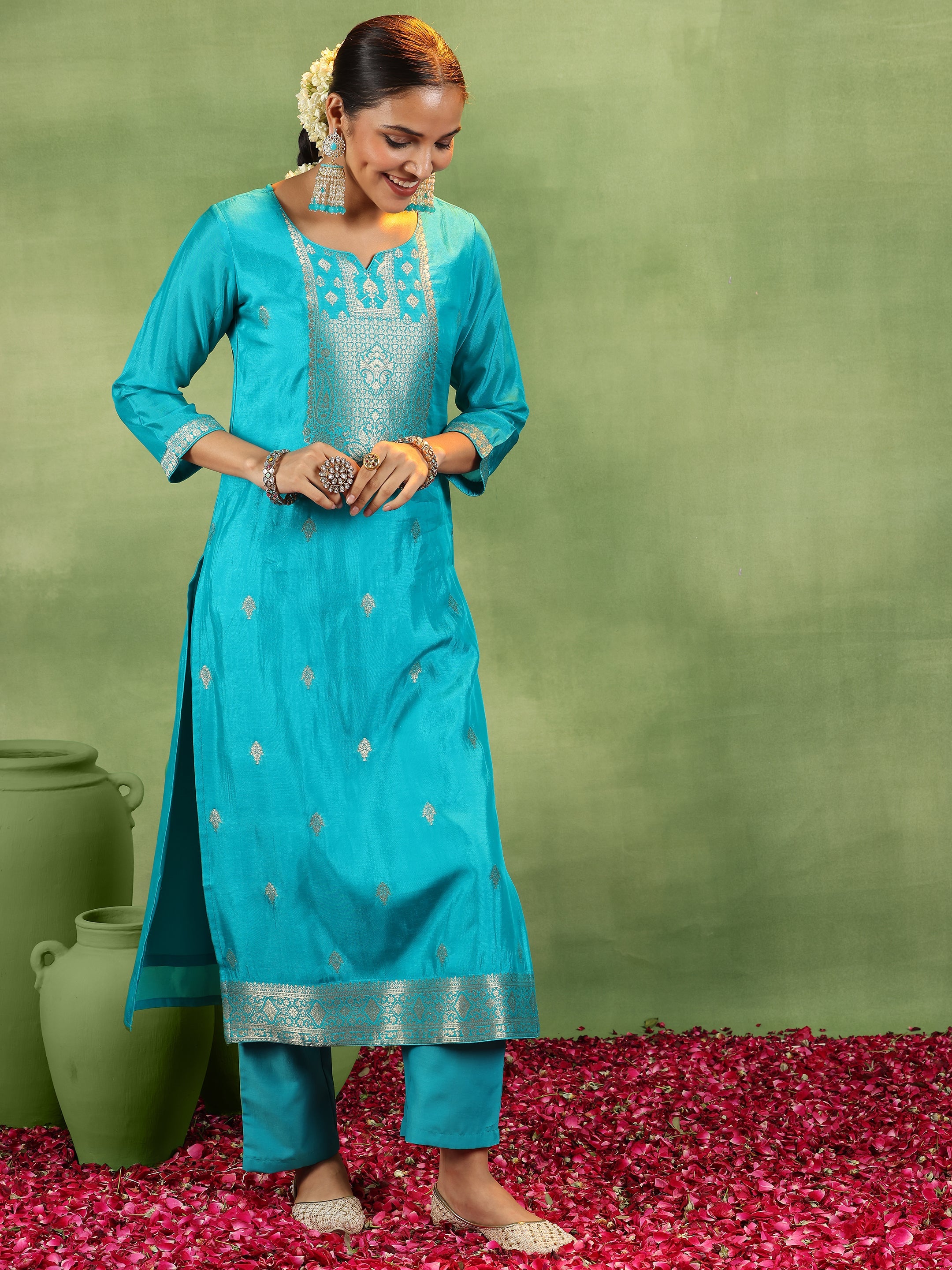 Rama Green Woven Design Silk Blend Straight Suit With Dupatta